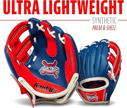 Vista 5 de Franklin Sports Air Tech - Guante de béisbol con pelota - Tee Ball - Espuma suave Air Tech Azul marino/Rojo