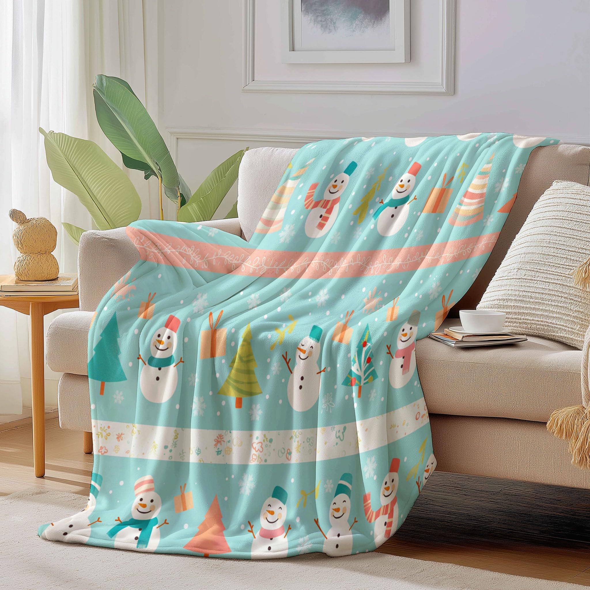 Manta De Franela Pino Muñeco De Nieve De 230X270Cm, con Estampado De Rayas Navideñas, Verde Salvia Cálida Suave, Lavable Cómoda Colcha De Cama De Fácil Cuidado para Sofá, Sofá Viajar