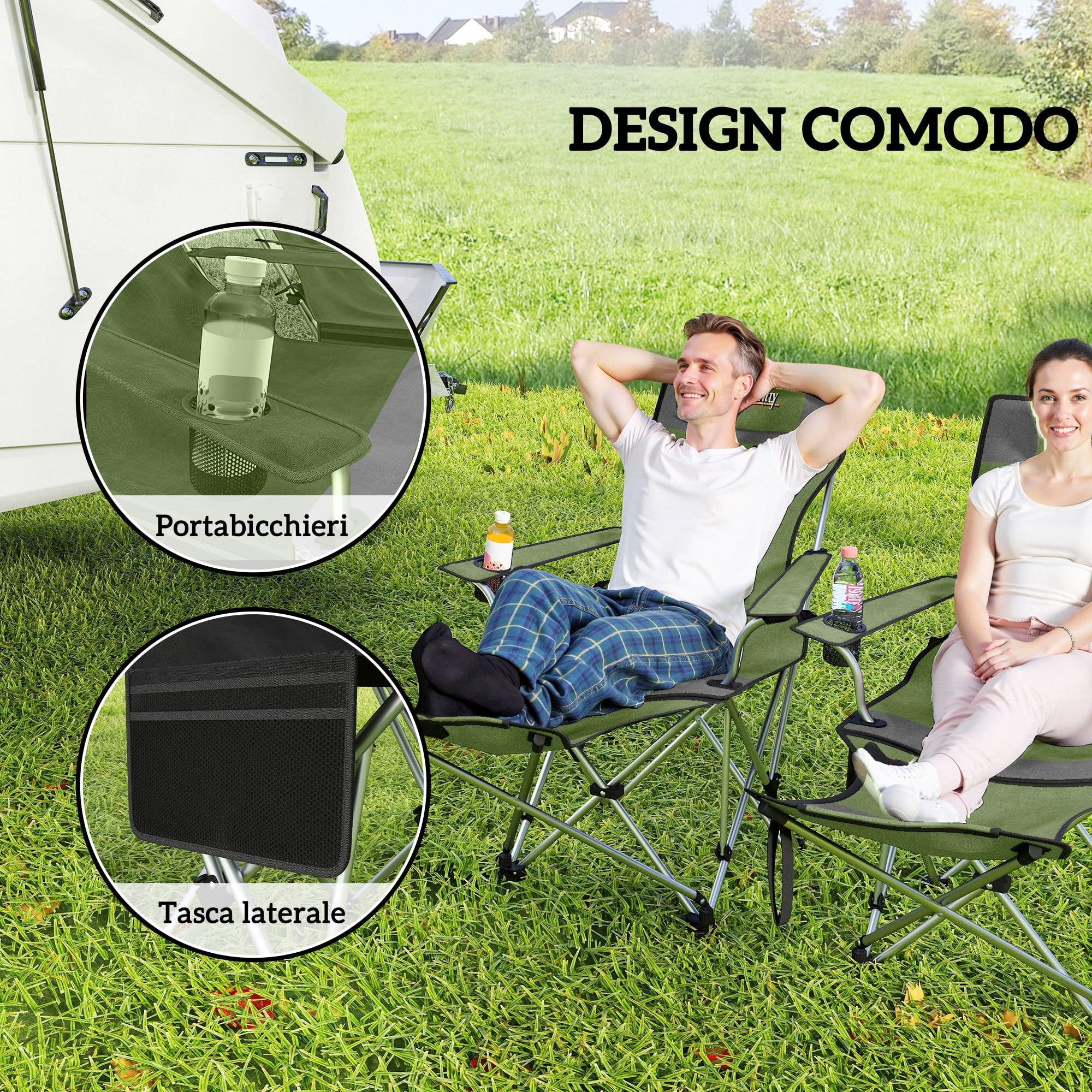 Outsunny Set 2 Sedie da Campeggio Pieghevoli con Poggiapiedi Staccabile, Portabicchieri e Tasca Laterale, Sedie da Giardino in Tessuto Oxford e Metallo, Portata Fino a 120 kg, 125x48x90 cm, Verde