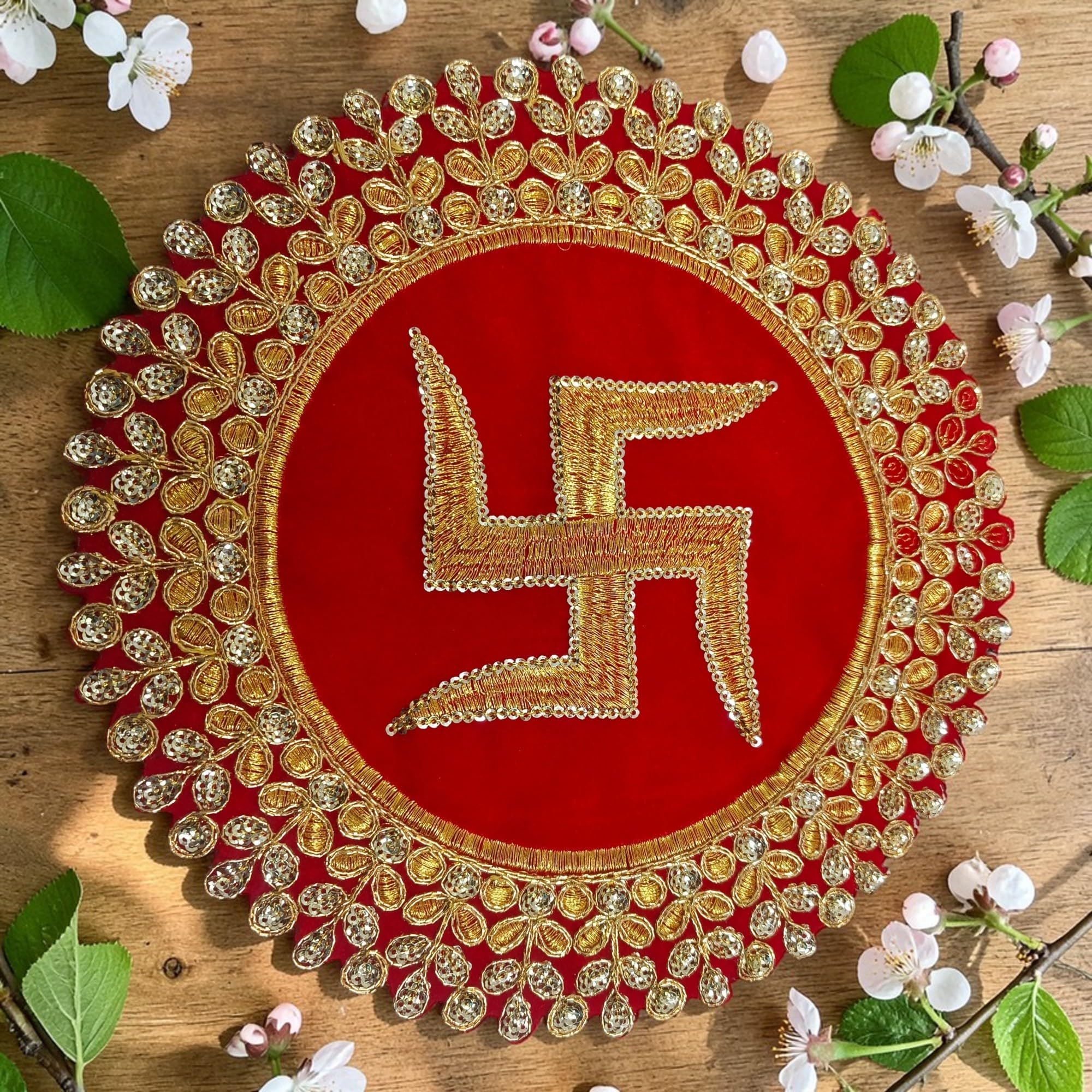 Velvet Pooja Aasan for God Idol | Decorative Chowki Cloth | 8x8 Inch Round for Mandir Random Design (Pack of 2), Ganesha, Lakshmi, Durga Pooja Decoration, Red Color Velvet Cloth.-image-13