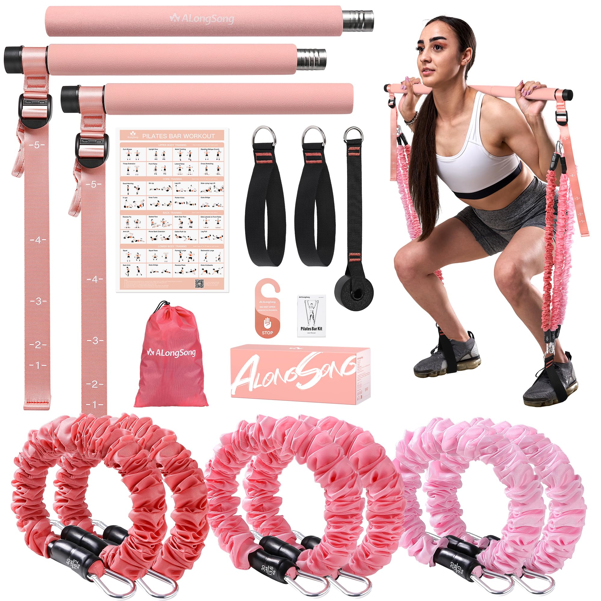 ALongSong Fitnessbänder Set mit 6 Widerstandsbänder 20-180Lbs oder 20-240Lbs & Pilates-Stange, Griffe, Türanker für Fitness Widerstandsbänder Krafttraining Fitnessgeräte für Zuhause