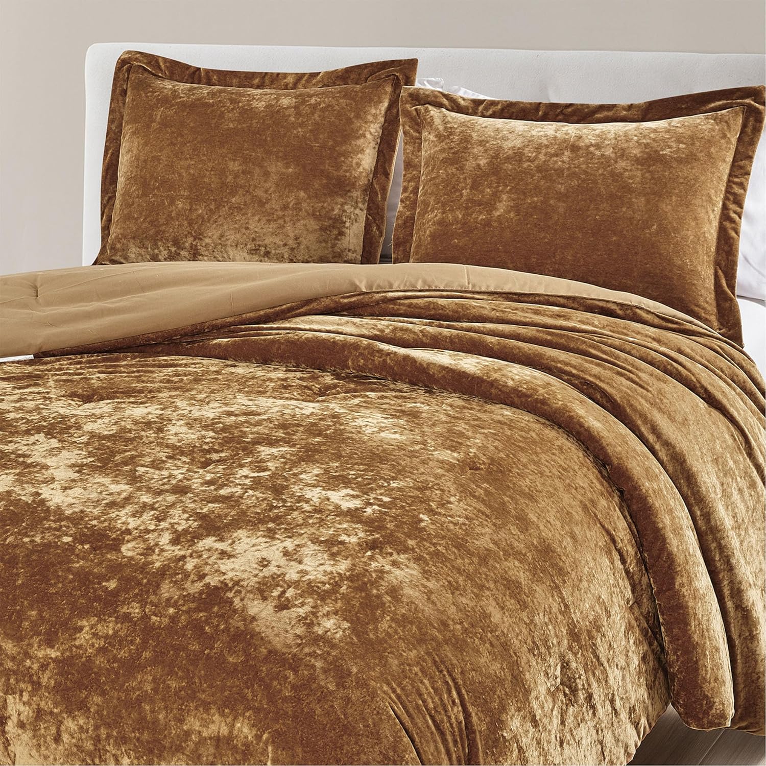 Luxury Velvet Queen Size Comforter Set, 3 Pieces Reversible Brushed Solid Microfiber Back, All Season Cozy, Soft, Warm(Caramel Gold,90x90 in) - Image 2