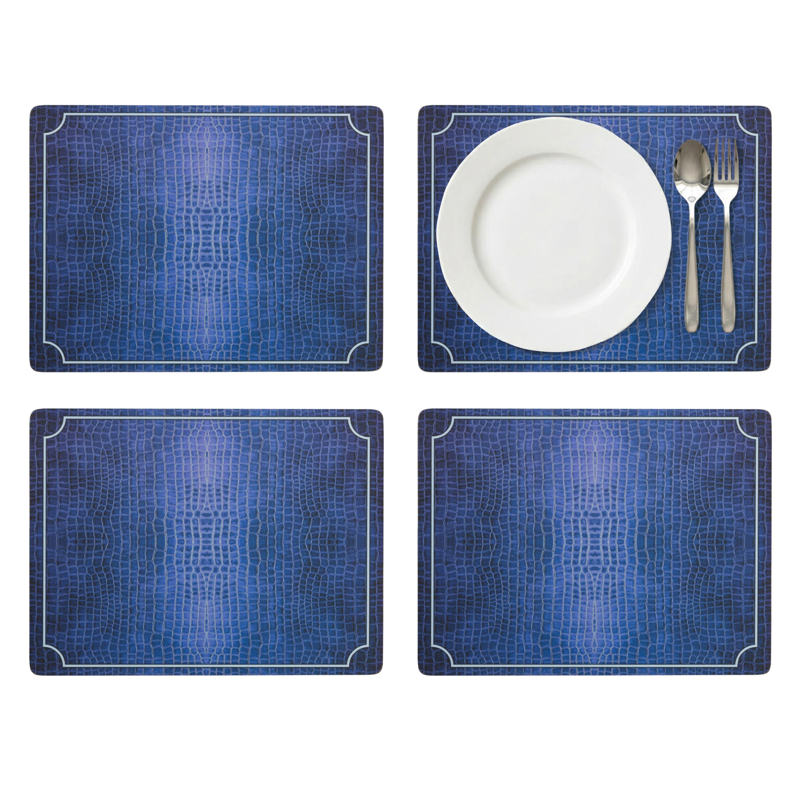 Pimpernel Blue Croc Leather Placemats, Set of 4 – (15.7" x 11.7") Cork-Backed Table Mats with 5mm Padding