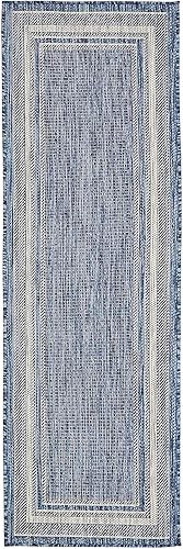 Miniatura 3 de Unique Loom Outdoor Border Collection - Alfombra de área con borde suave (2 pies x 6 pies 1 pulgada, color azulmarfil)