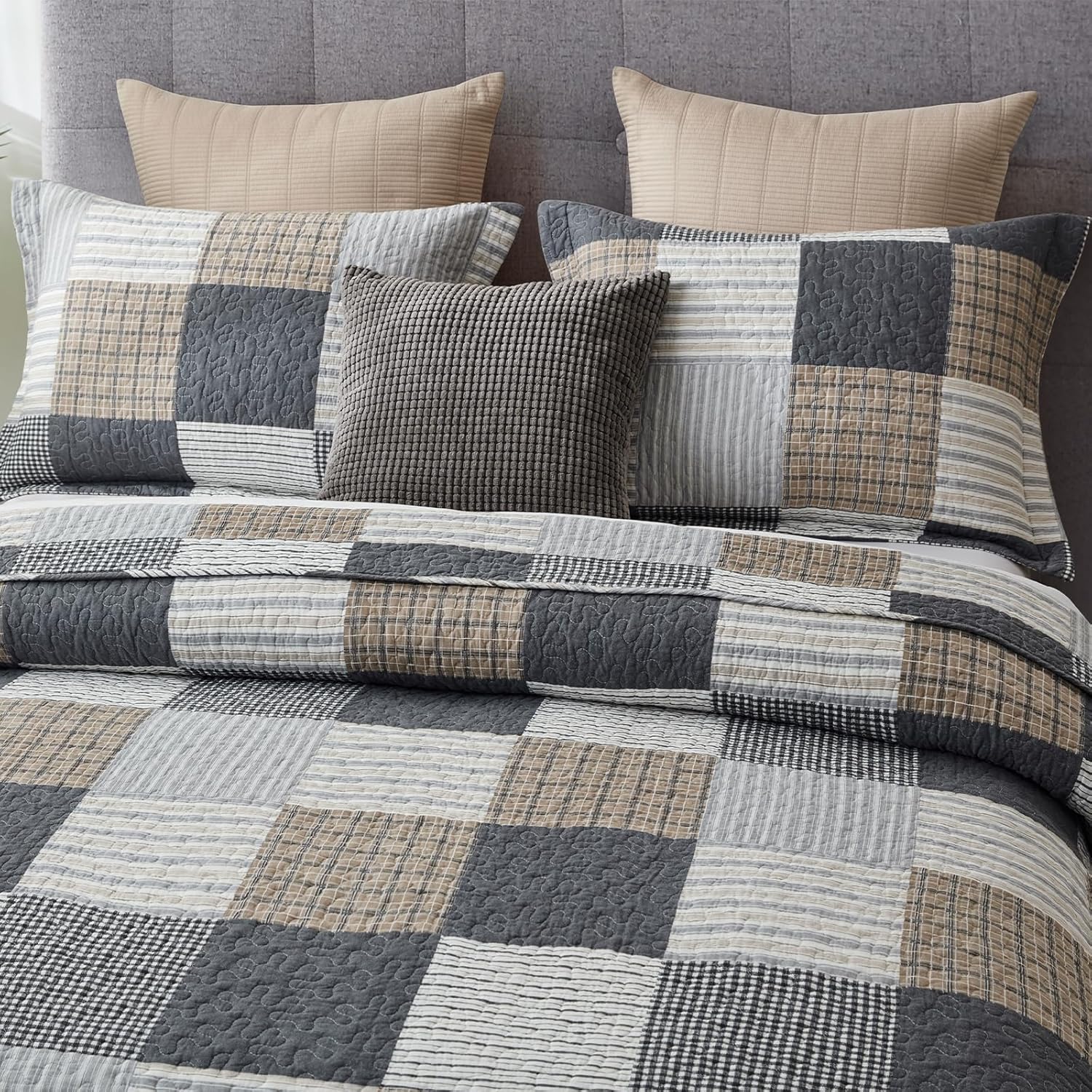 Finlonte Quilt Set Queen Size - 100% Cotton Queen Comforter Set, Plaid Quilted Bedspread Farmhouse Country Bed Spread, Lightweight Reversible Quilt Bedding Set All-Season, Gray/Brown/Black/White, 3Pcs - Image 5