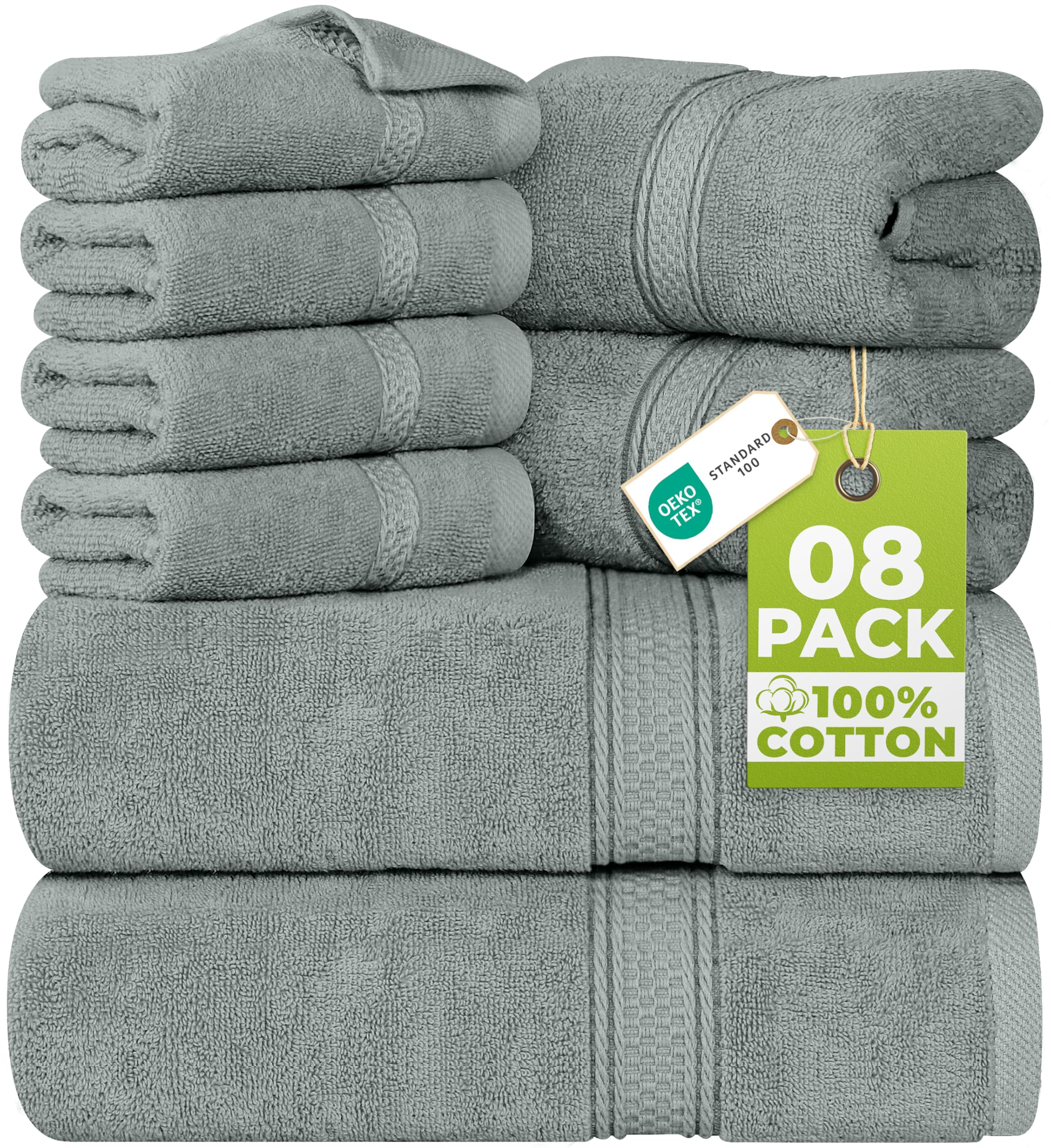 Utopia Towels 8 Piece Luxury Towel Set – Majestic Plush, Super Absorbent & Quicker-to-Dry, Thick 100% Ring Spun Cotton Towels for Bathroom, Spa & Hotel – 2 Bath, 2 Hand, 4 Washcloths, Cool Grey