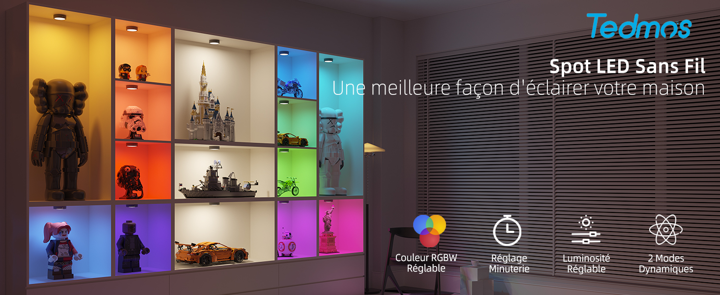 Spot LED Rechargeable USB RGB, Lampe Vitrine Couleur Sans Fil Lumiere