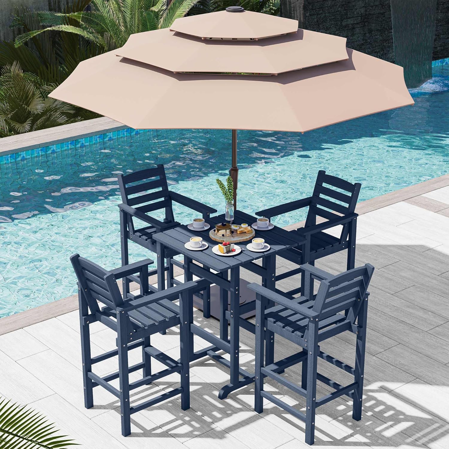 LAUSAINT HOME 6 Pieces Outdoor Patio Bar Set with 10ft Umbrella, Oversize HDPE Adirondack Bar Set and 3 Tier Patio Umbrella, for Balcony, Garden, Poolside (Blue)