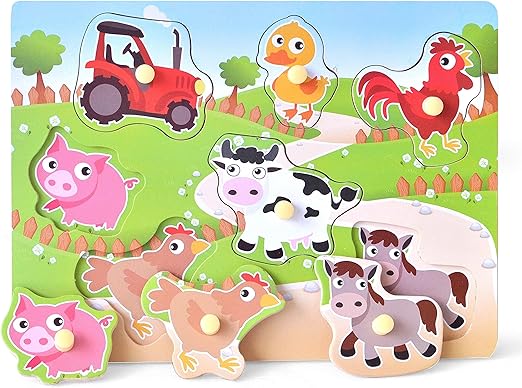 Wooden Puzzles Farm Chunky Baby Puzzles Peg Board, Full-Color Pictures for Preschool Educational Jigsaw Puzzles, 7Pieces