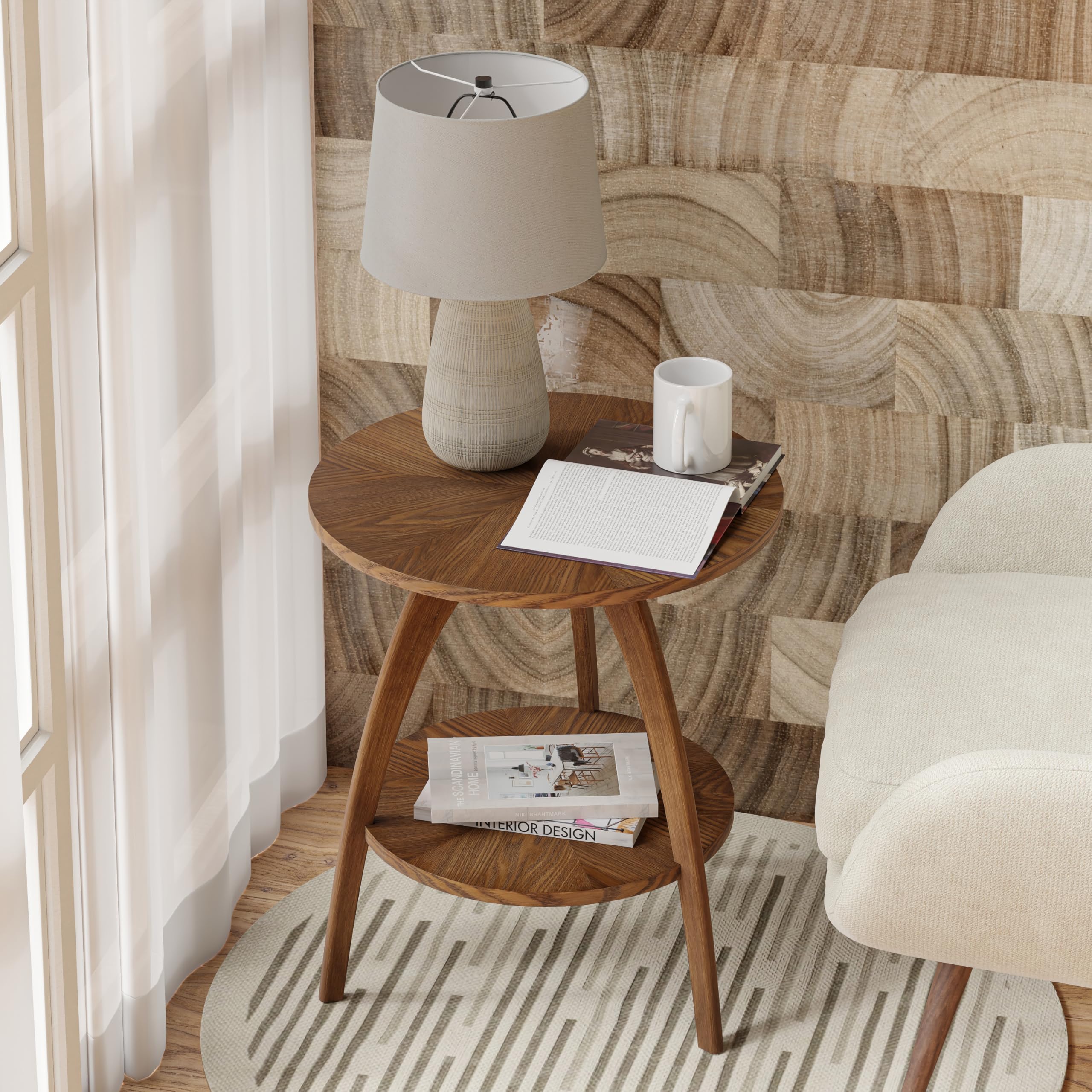 COZAYH Wood Round End Table with Storage Shelf, Walnut Finish Mid-Century Modern Accent Side Table with Curved Legs for Living Room, Easy Assembly,