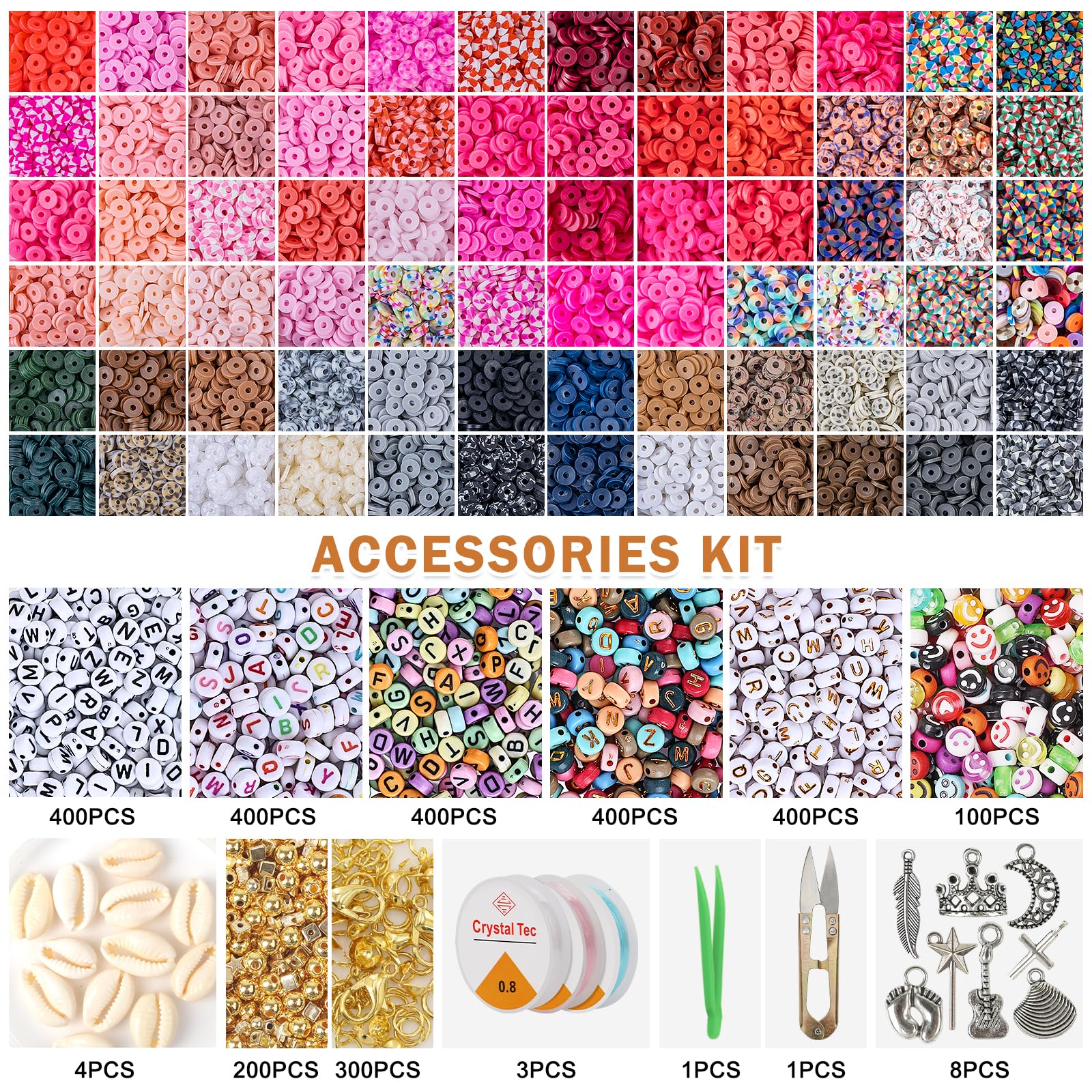 XSEINO Kit di 46000 perline di argilla per la creazione di braccialetti, 216 colori, 10 scatole di perline in argilla polimerica, 5 stili di perline con lettere, con ricchi accessori per la creazione
