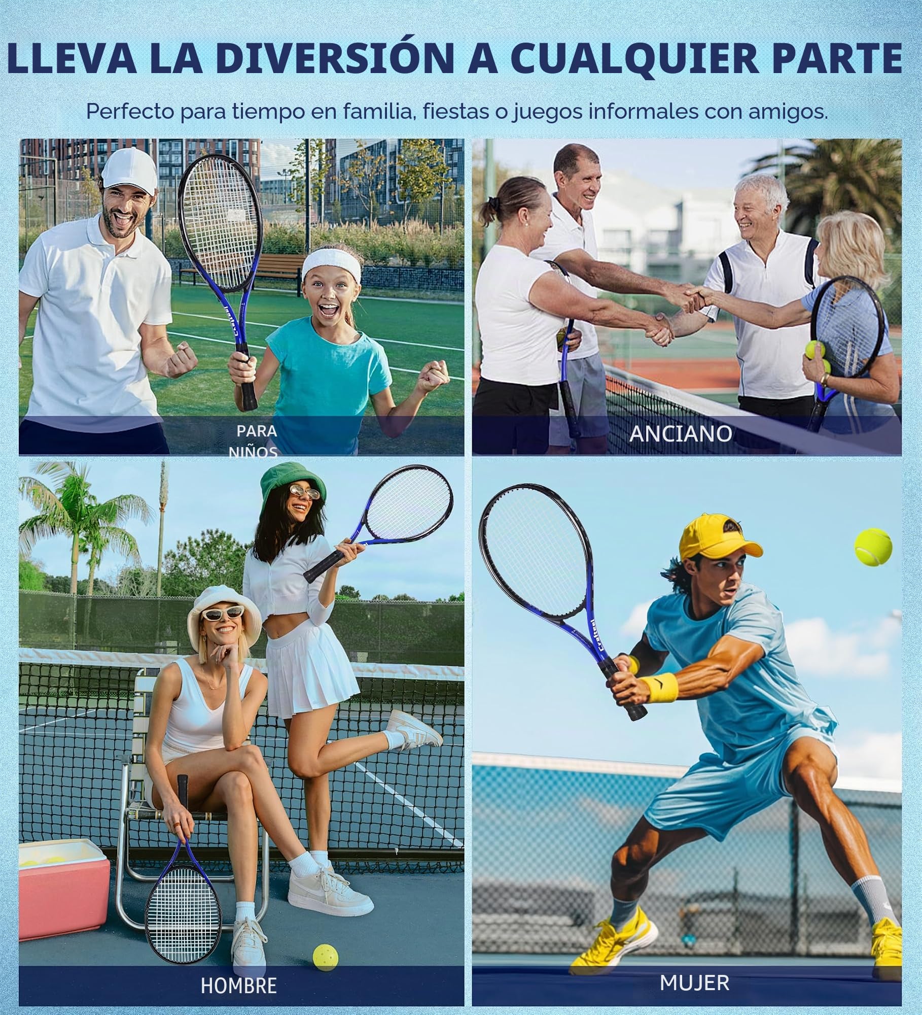 Juego de 2 raquetas de tenis de 27 pulgadas, juego de raquetas de tenis familiares de 27 pulgadas para juegos deportivos recreativos al aire libre