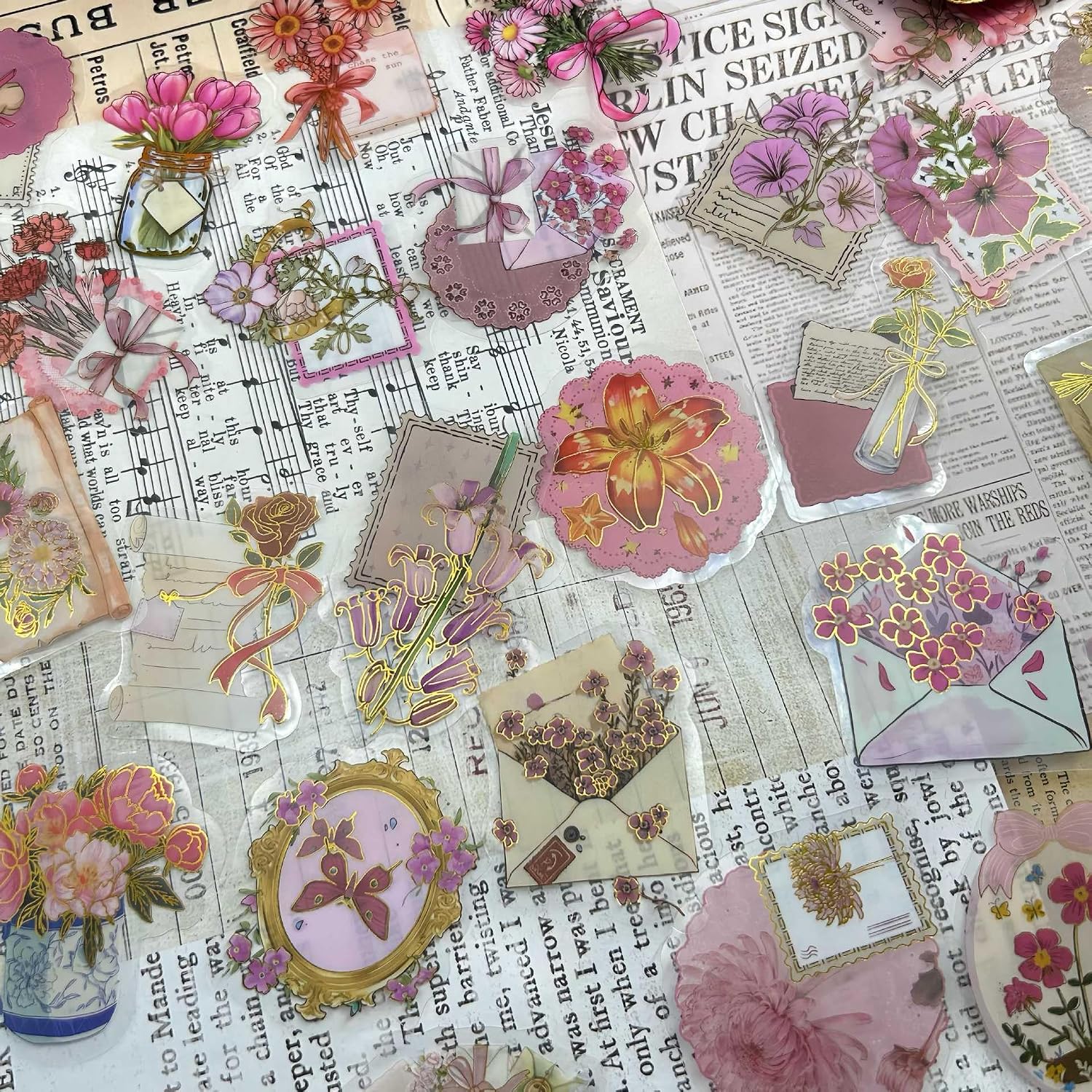 50PCS Gold Stamp Flower Stickers Glitter Shiny Floral Waterproof Transparent PET Aesthetic Decals Scrapbook, guitar phone Water Bottles Laptop Journal, Floral Decals,Party collect Supplies(Flowers TJ) image 3