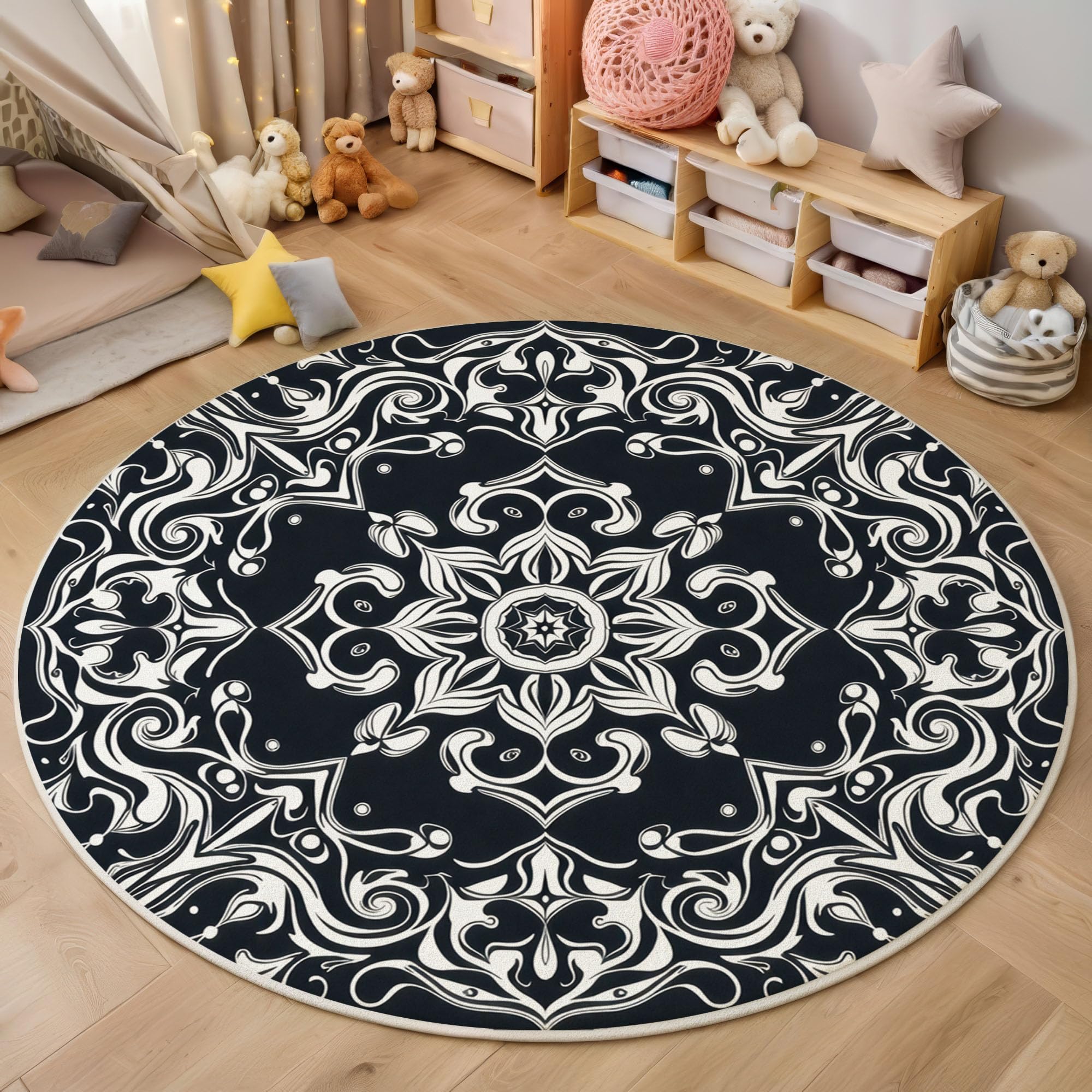 Paisley-Muster Kurzflor Teppich Rund 120cm Weicher Runder Teppich Mandala-Blumen Waschbar & Rutschfester Teppiche für Schlafzimmer, Gastzimmer, Esszimmer, Schwarz