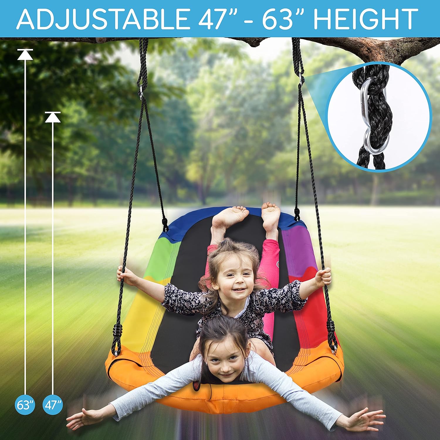 SereneLife Giant Platform Swing 67” Glider Kids Outdoor Backyard Tree Playhouse Playground Saucer Swing Set Mega Swinging Surfer Mat Swingset w/Rope Straps, Cushion Padded Frame, One Size, Rainbow