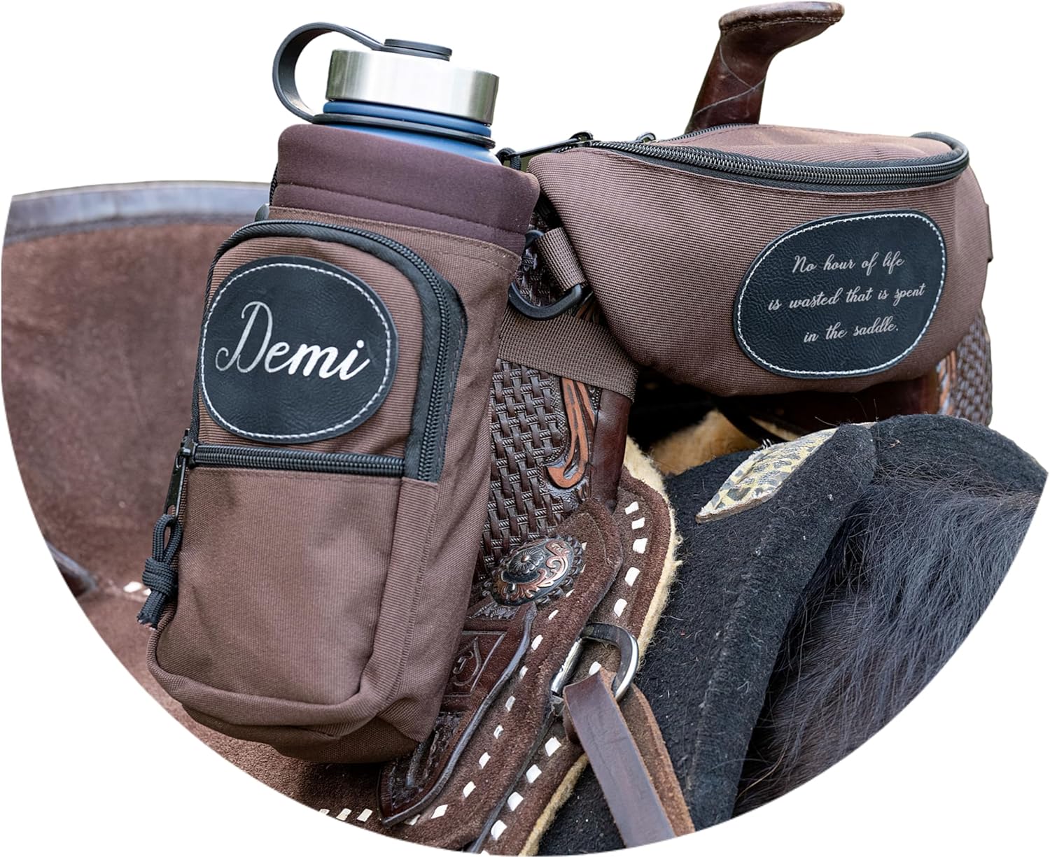 Personalized Horse Saddle Brown Pommel Bag & Bottle Holder Set, Horse Tack, Horse Gifts, Horse Stuff, Equestrian Gifts, Saddle Accessories