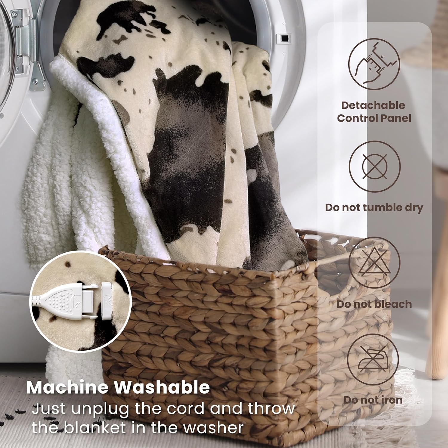 Cow Print Heated Electric Blanket King Size-Dual Control Heating Blanket King Size with 10 Heat Levels & 10 Hours Auto-Off, Cozy Soft Fleece Sherpa, Washable, 90x100 Inche Light Brown - Image 6