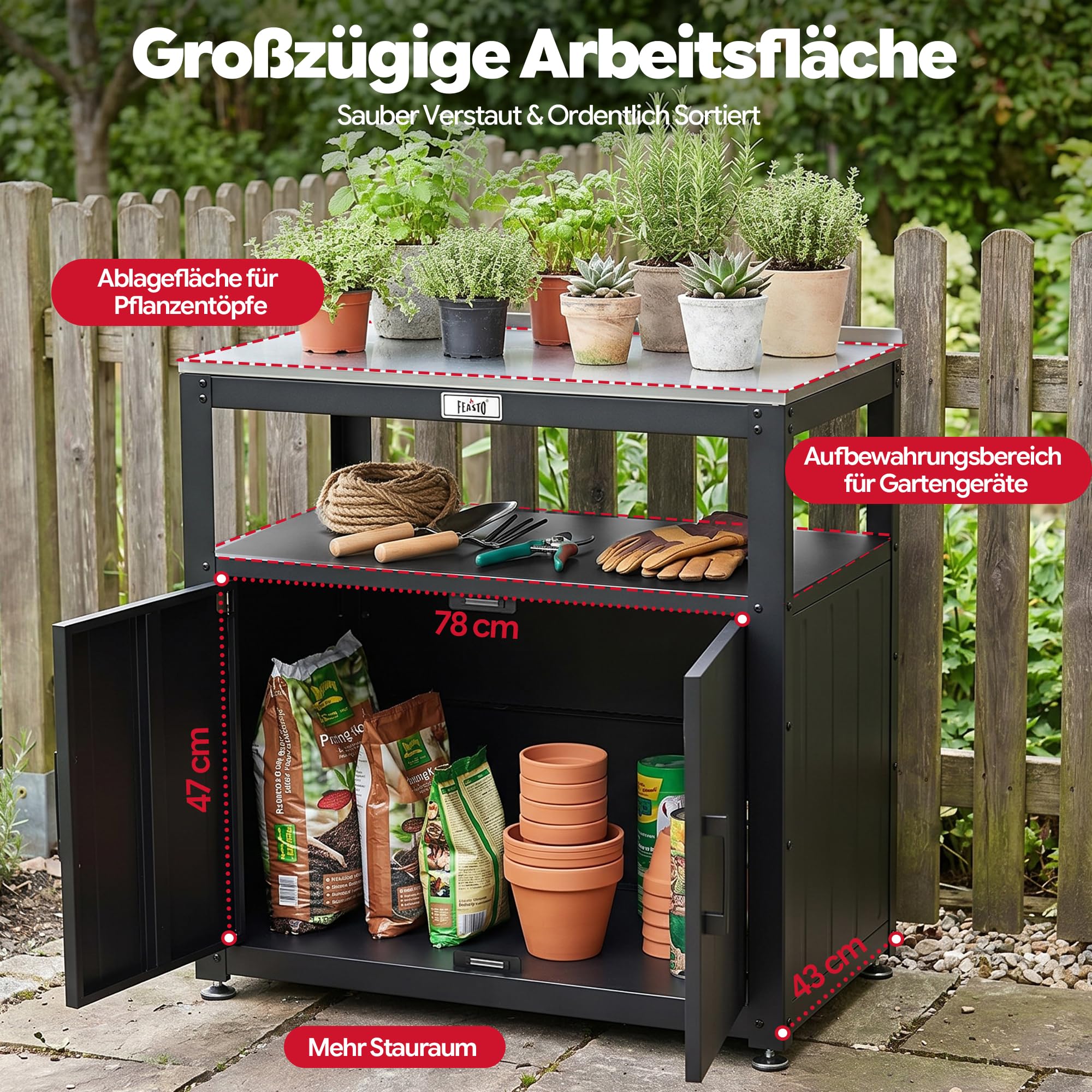 Feasto Pflanztisch mit Unterschrank, Gartenschrank wetterfest Outdoor mit Edelstahl - Arbeitsplatte, für Garten & Terrasse, 80x45x82cm
