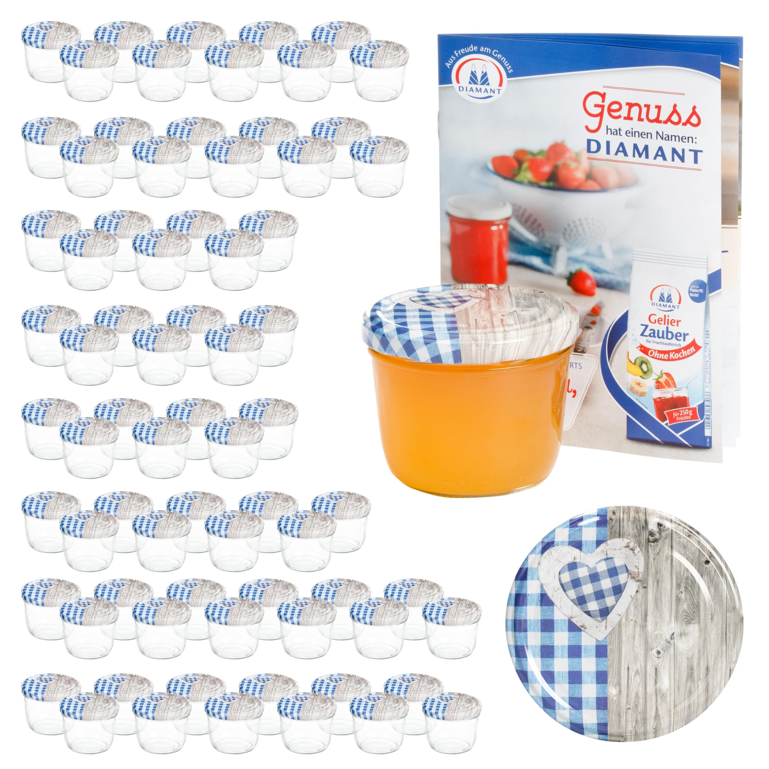 MamboCat 100er 230 ml Sturzglas-Set | Einmachgläser + Twist-Off-Deckel Holz-Herz blaukariert + GRATIS Rezeptheft | einkochen & konservieren | backofengeeignet