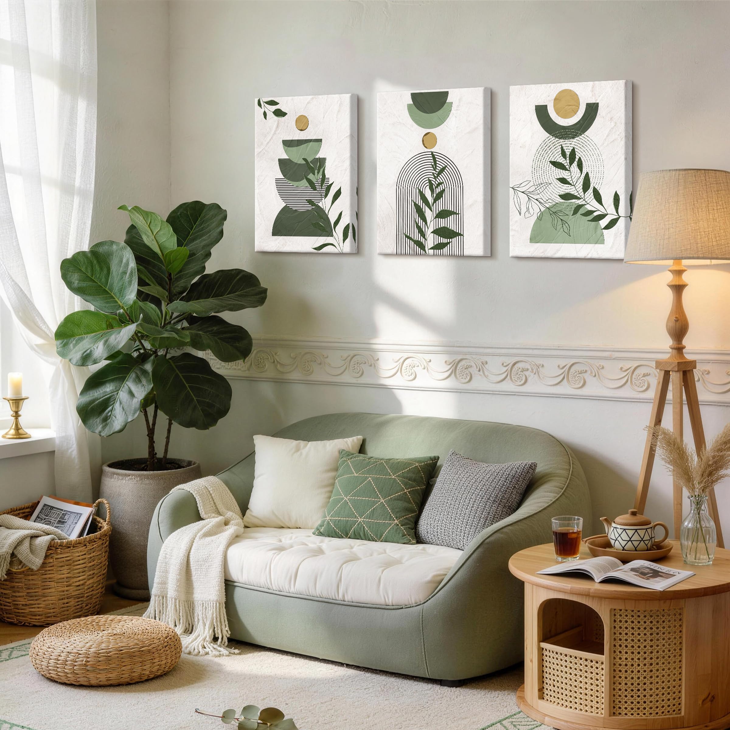 3 Pcs Wooden Framed Canvas Wall Art Set Bohemian Sage Green Canvas Prints Poster Geometric Line Beige Green Pictures for Living Room Bedroom Dinning Room Hallway Stairs Wall Decor 30x40cm x3pcs — view 54