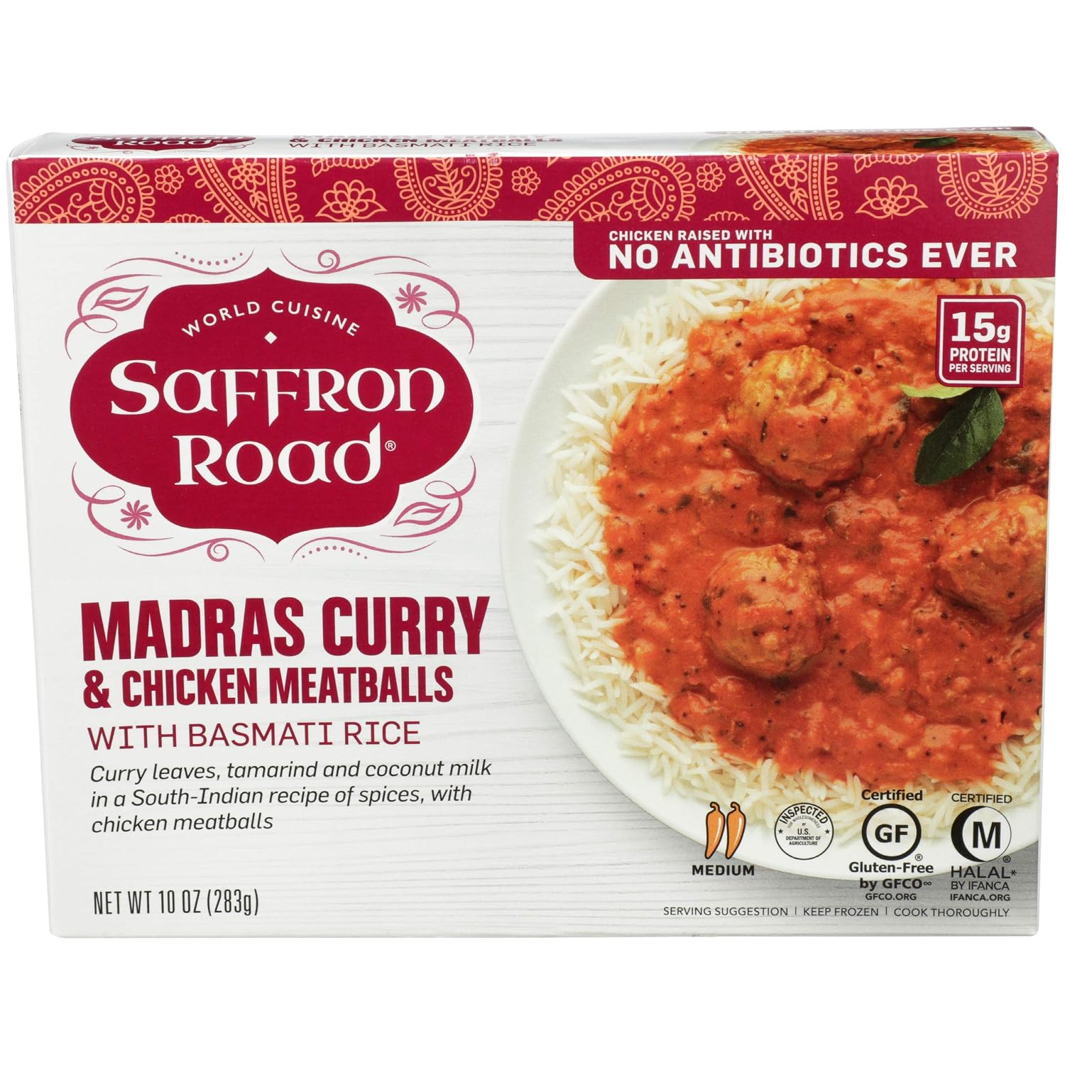 Saffron Road Madras Curry and Chicken Meatballs with Basmati Rice Frozen Dinner, 10oz - Antibiotic Free, Gluten Free, Halal