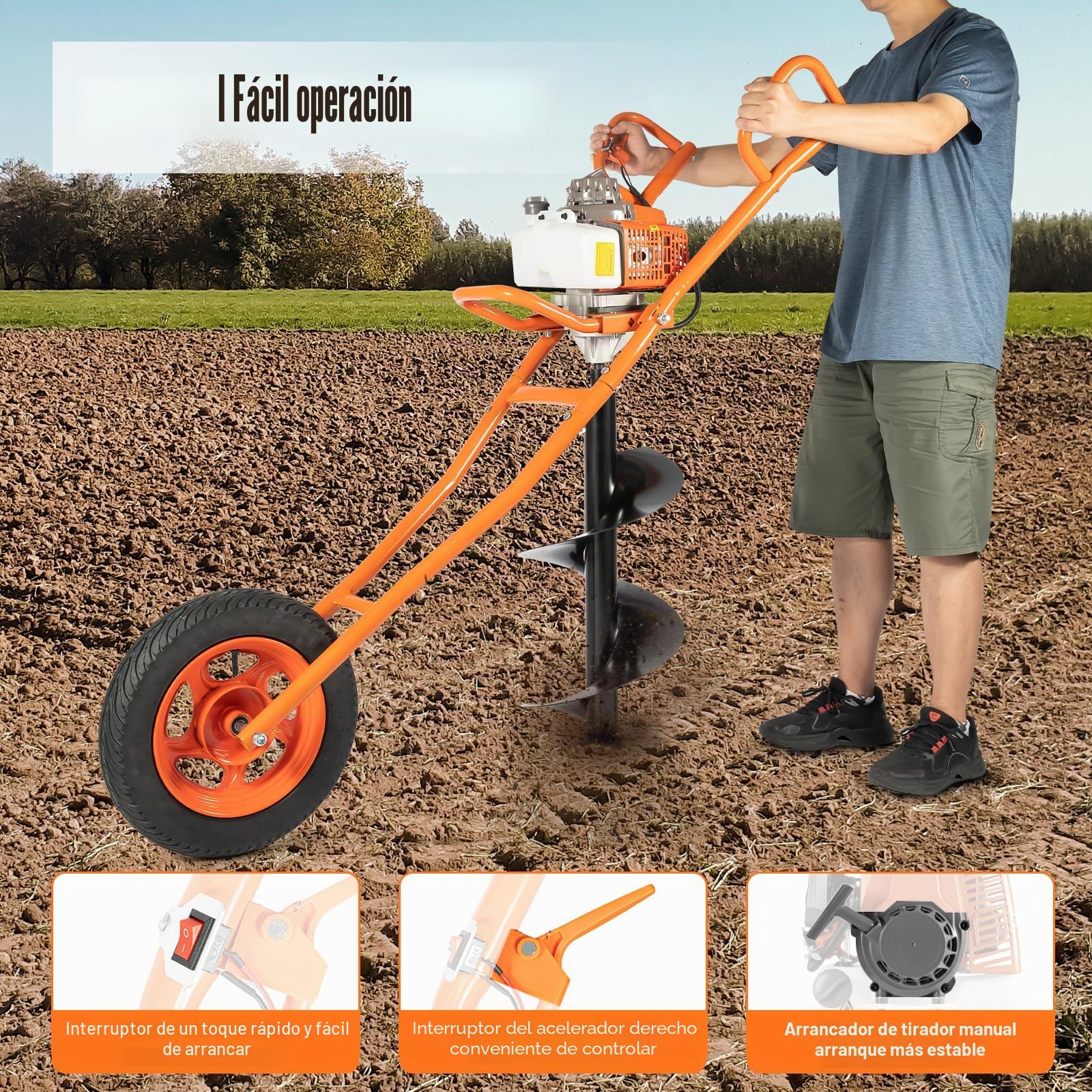 Ahoyadora Gasolina 63,3 cc con Rueda y Broca de 300 mm, 2 Tiempos | Potencia de 2,2 kW, Hasta 8800 rpm, Depósito de 1,3 L, Arranque Manual y Transmisión 30:1 para Plantar y Colocar Postes