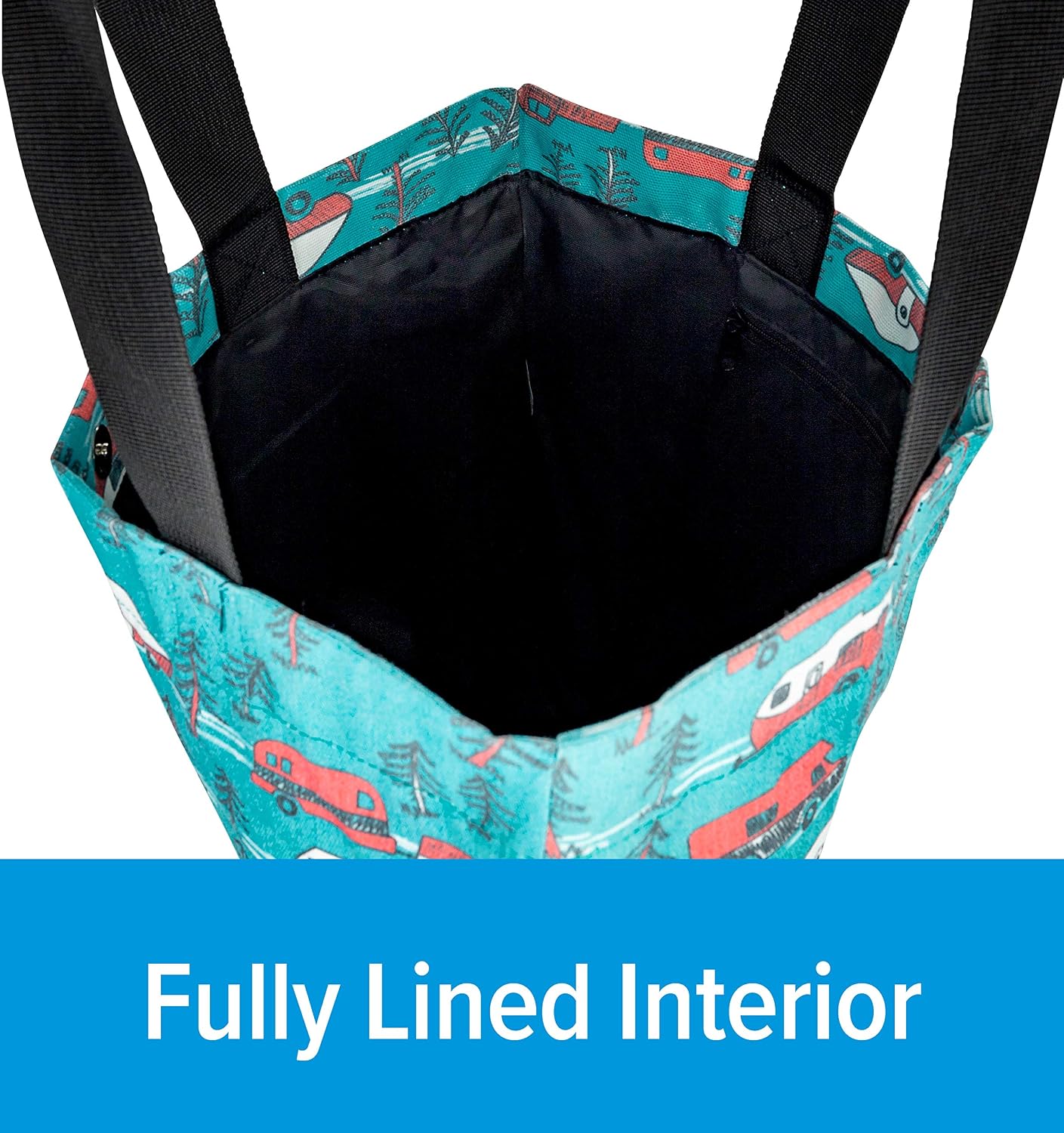 Camco Life Is Better at The Campsite Tote Bag | Features Teal Camper/RV Theme | Fully Lined Interior with Zippered Interior Pocket (53269)