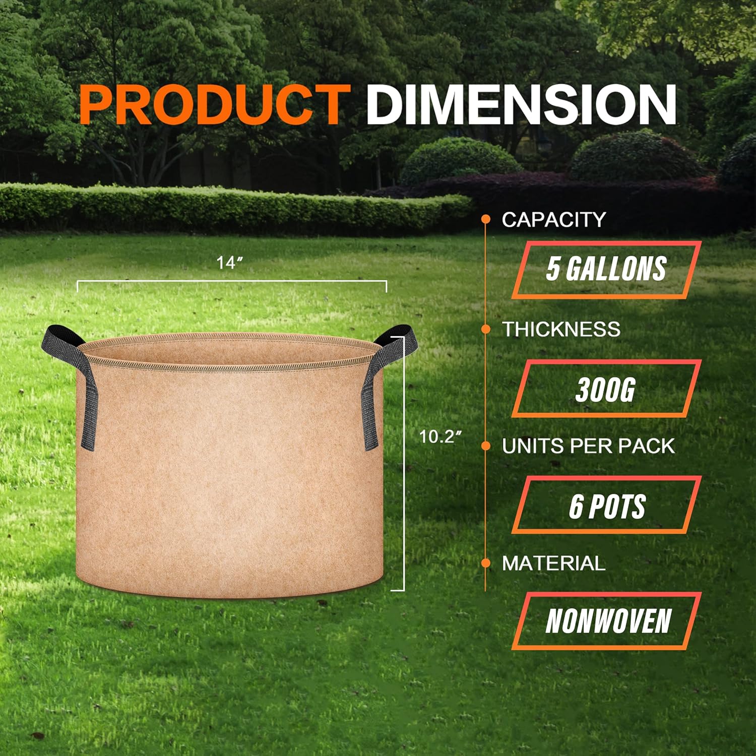 iPower Plant Grow Bag 5 Gallon 6-Pack Heavy Duty Fabric Pots, 300g Thick Nonwoven Fabric Containers Aeration with Nylon Handles, for Planting Vegetables, Fruits, Flowers, Tan 2022 Version : Patio, Lawn & Garden