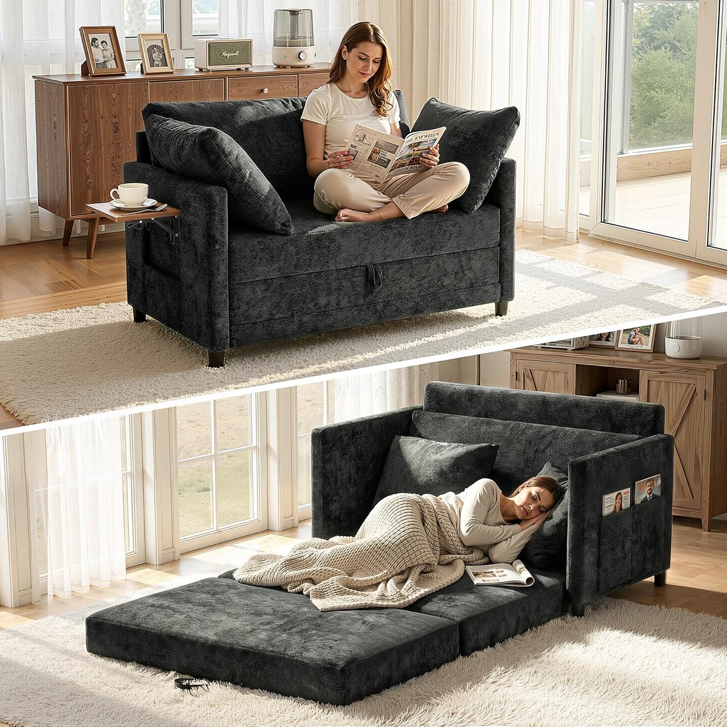 Convertible Sofa Bed with Foldable Side Table, 50" Pull Out Sleeper Couch with Solid Wood Frame, Futon Sofa Bed for Small Spaces, Living Room, Apartment, Oversized Back Cushion & 2 Pillows, Dark Grey