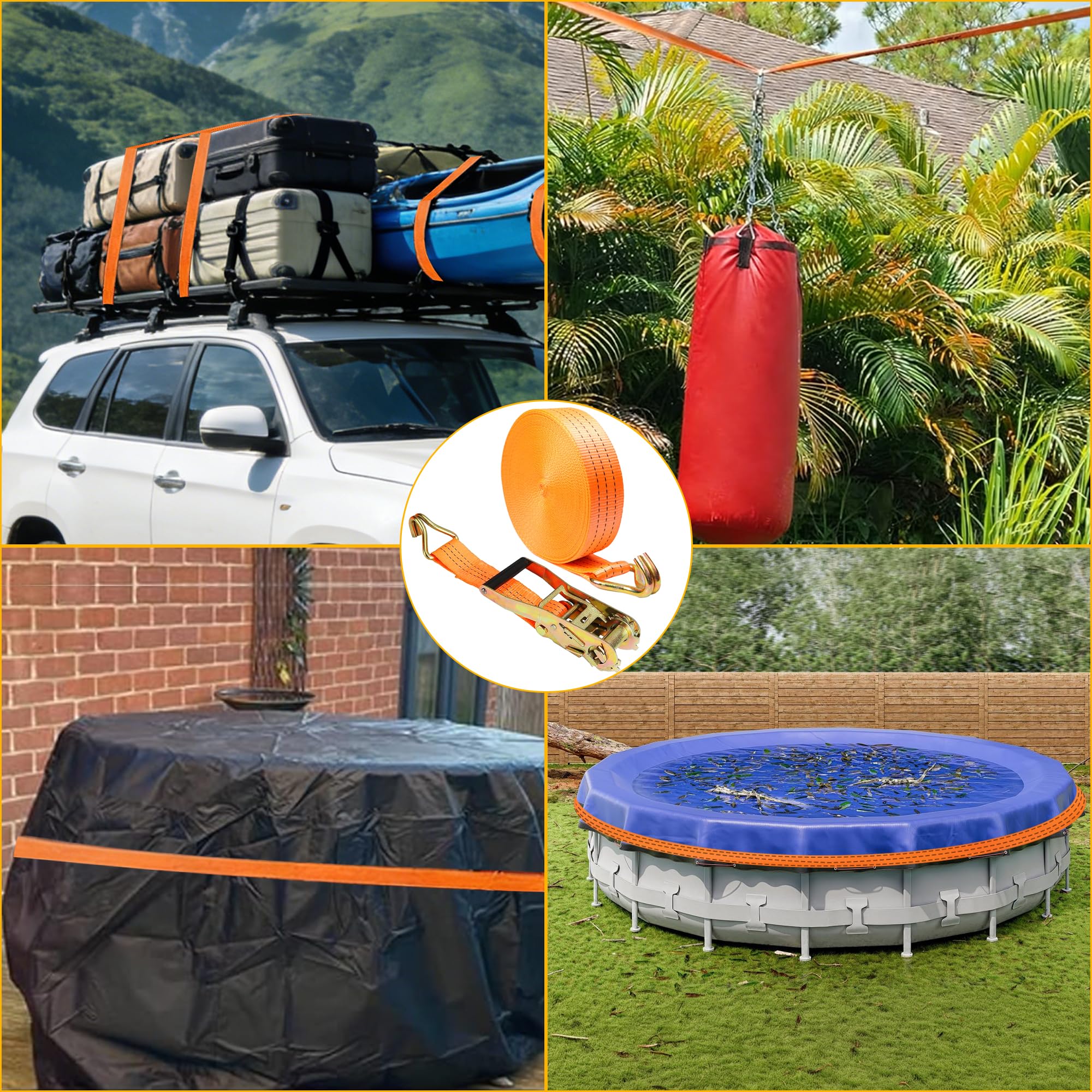Confezione da 2 cinghie a cricchetto, 5 cm x 6 m, resistenti, cinghie di fissaggio con maniglia e gancio a J in metallo, per camion, auto, moto, arancione
