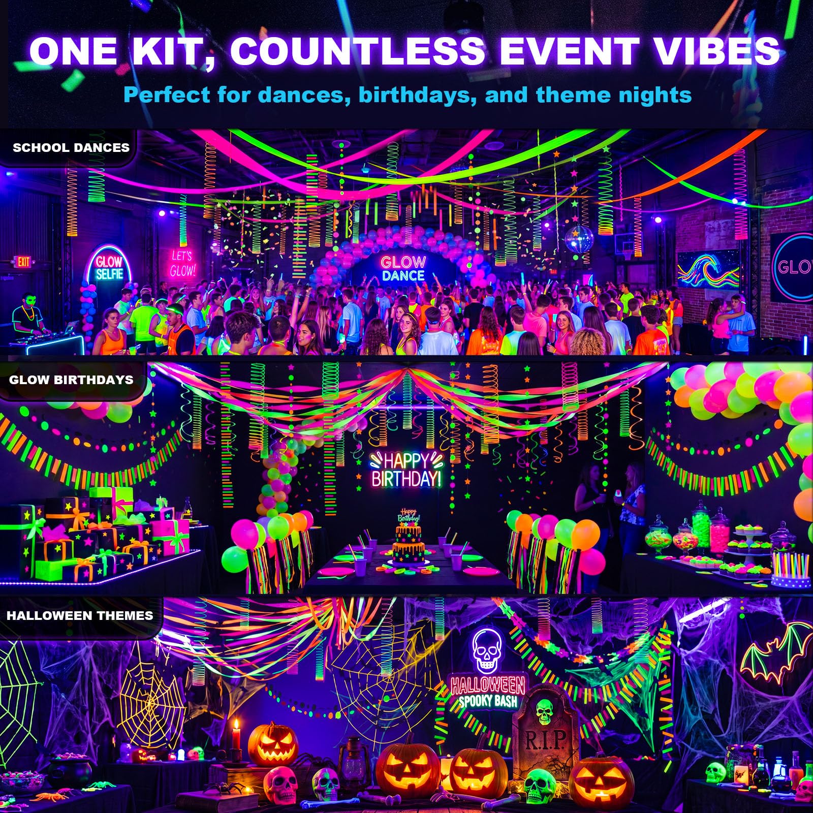 LovesTown 400FT Neon-Themed Party Decorations with 6 Spring Coils