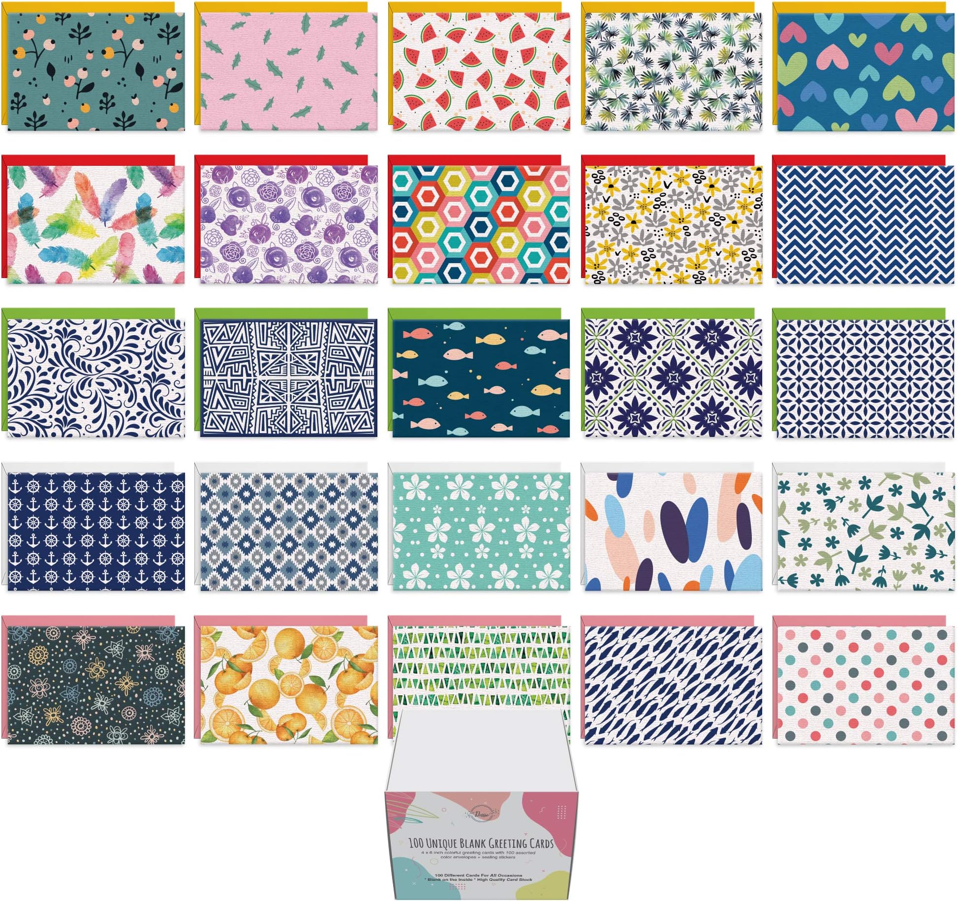 100 Unique Blank Cards With Envelopes 4x6 - All Occasion Blank Greeting Cards w/Colored Envelopes & Gold Seals. No Repetition. Note Cards with Envelopes Set