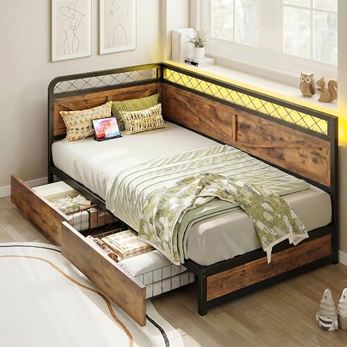 ANCTOR Corner Bed Frame Twin DayBed with Storage Drawers, Brown | LED Lights, Charging Station, No Box Spring Needed, Heavy Duty, Easy Assembly
