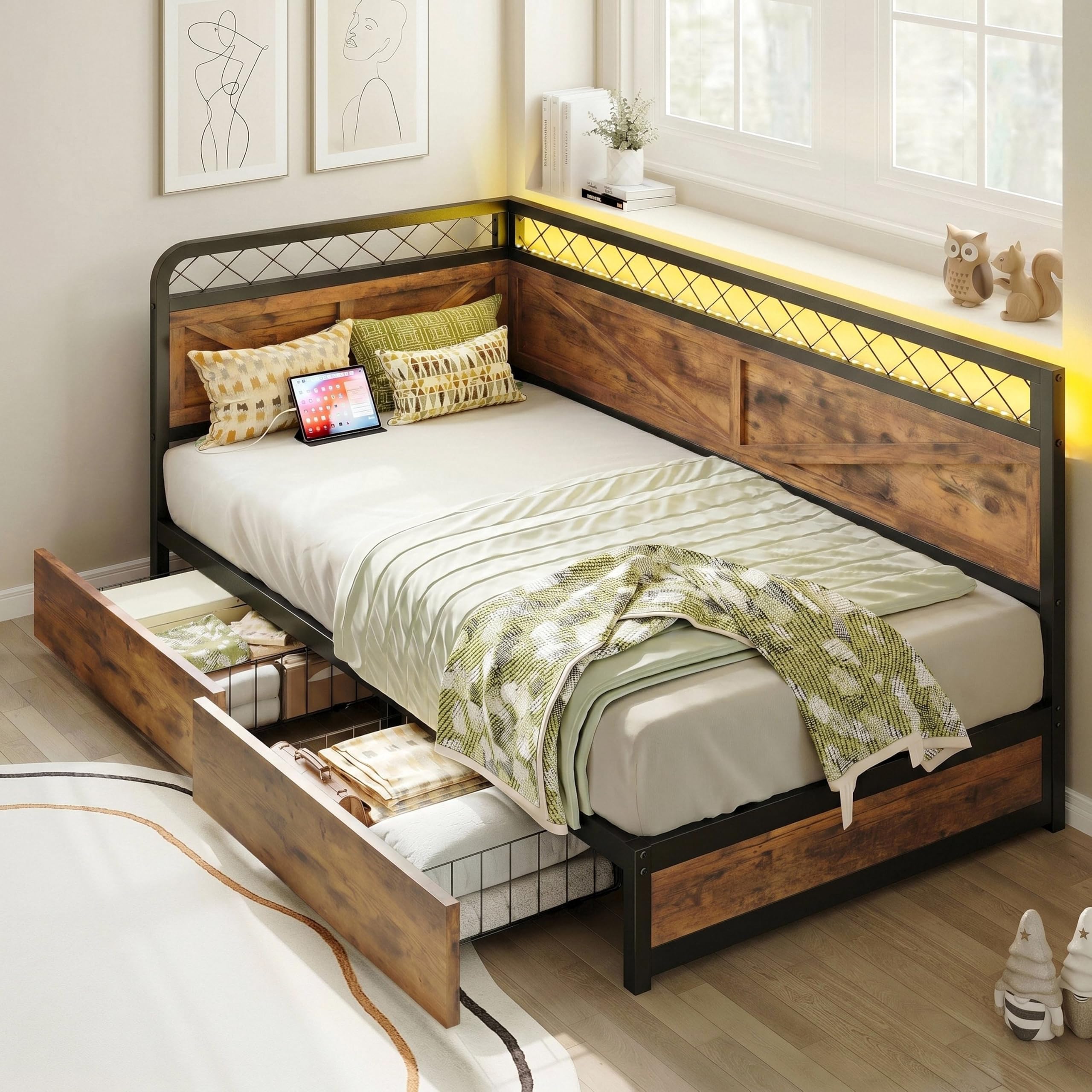 ANCTOR Corner Bed Frame Twin Daybed with Storage Drawer, Brown