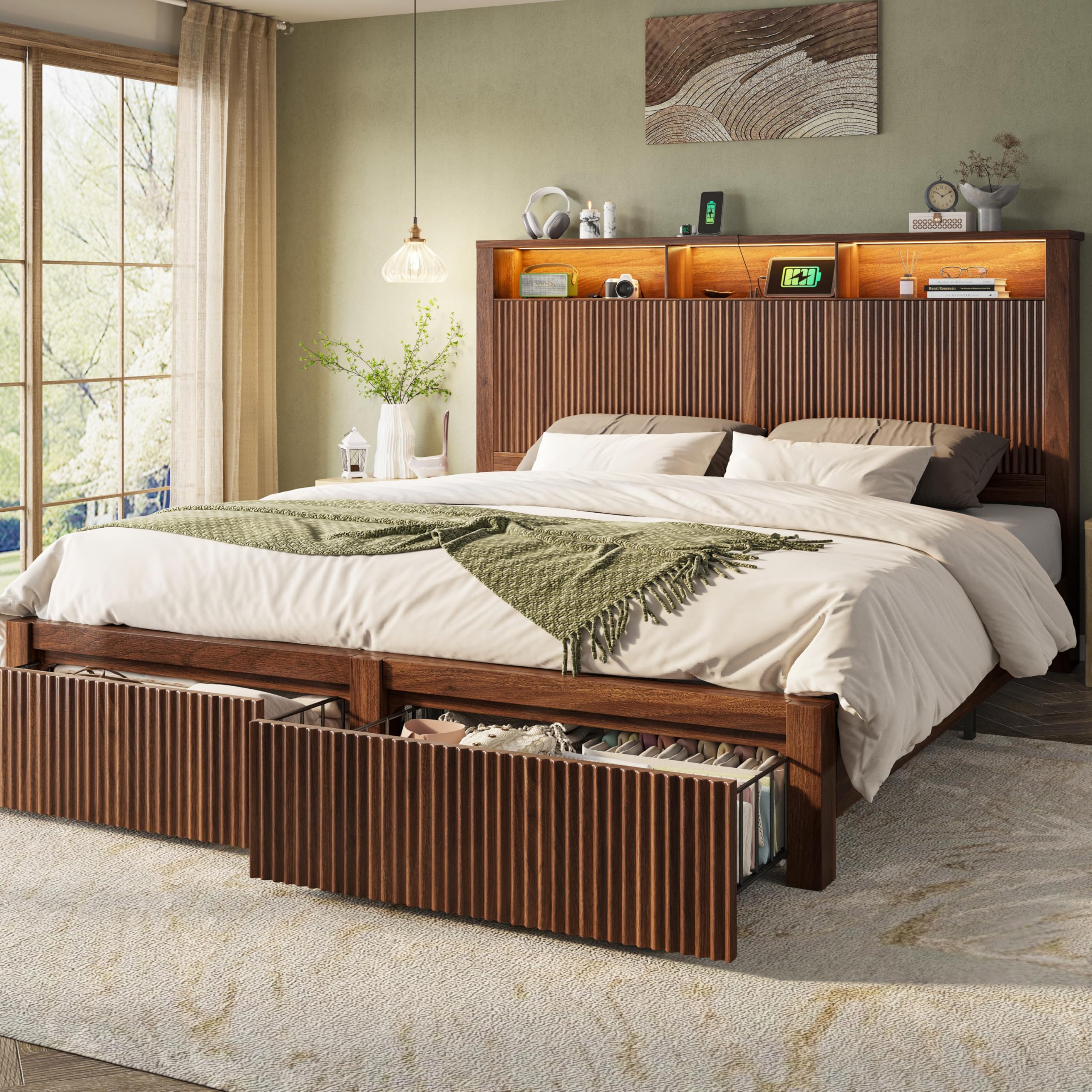 CypBed King Size Bed Frame and Headboard& 2 Storage Drawers, Walnut — product photo