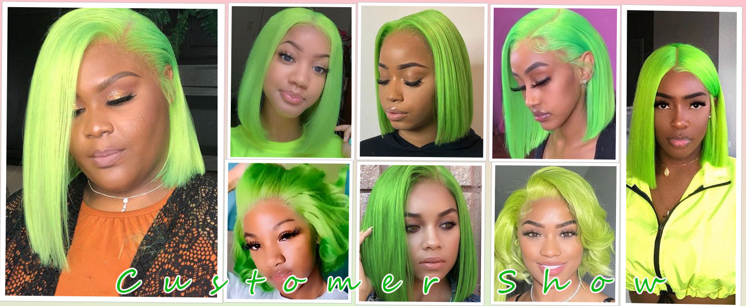?14” 100% HUMAN HAIR LIME LACE FRONT BOB WIG *NWT Colorful Short Bob Lace Front Wigs High 180 Density  main image 2