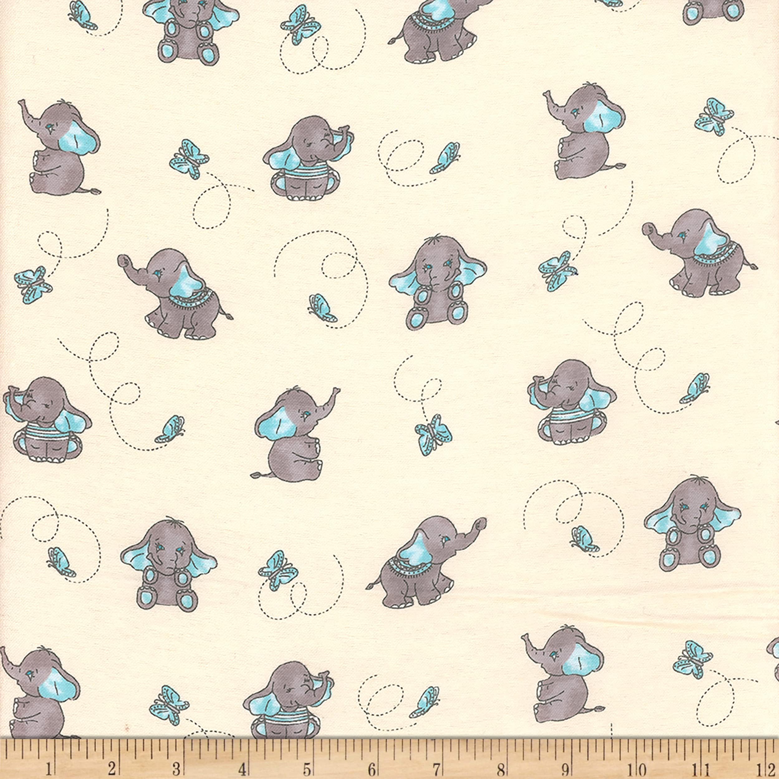 Flannel Elephant and Butterfly Aqua, Fabric by the Yard