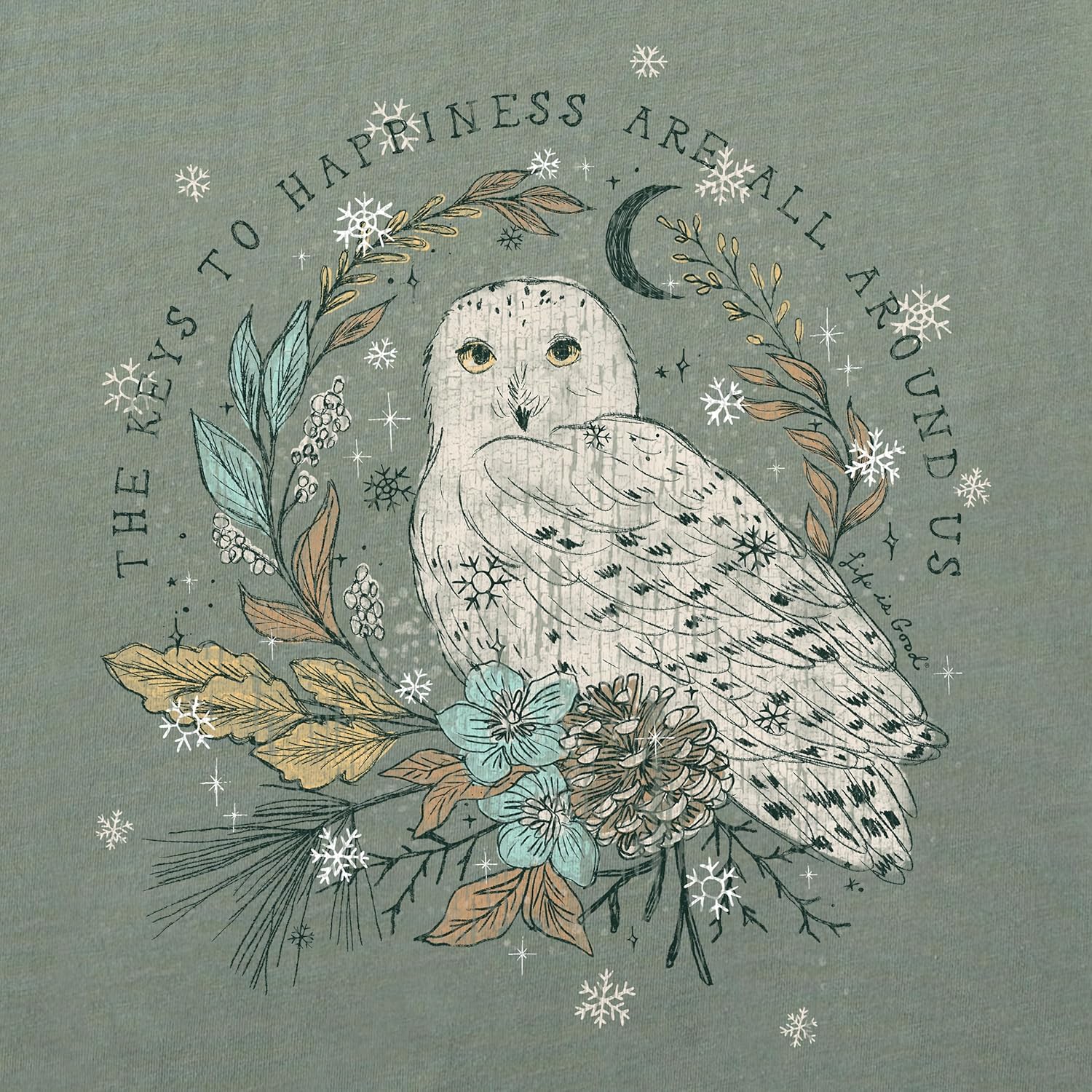Life is Good Womens Crusher Tee Shirt, Long Sleeve Cotton Graphic T-Shirts, Key to Happiness Snowy Owl - Image 2
