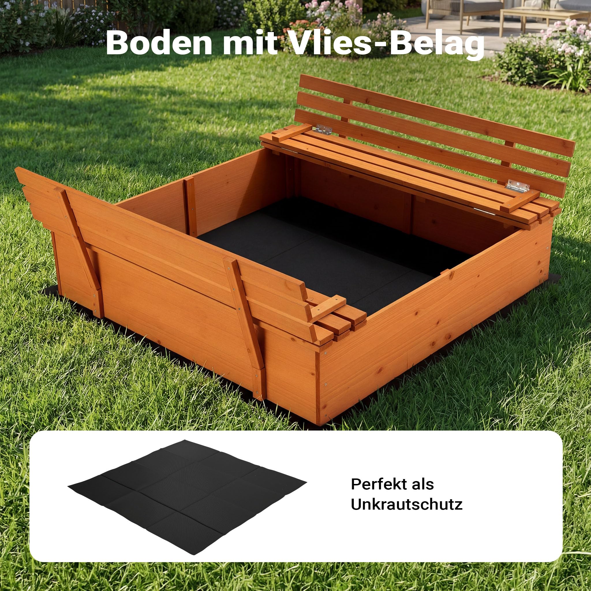 Sandkasten mit Deckel 2 Sitzbänke 98 x 98 x 21 cm, Sandkiste aus Holz mit klappbaren Bänken, Sandkasten mit Abdeckung, Sandbox mit Vliesboden