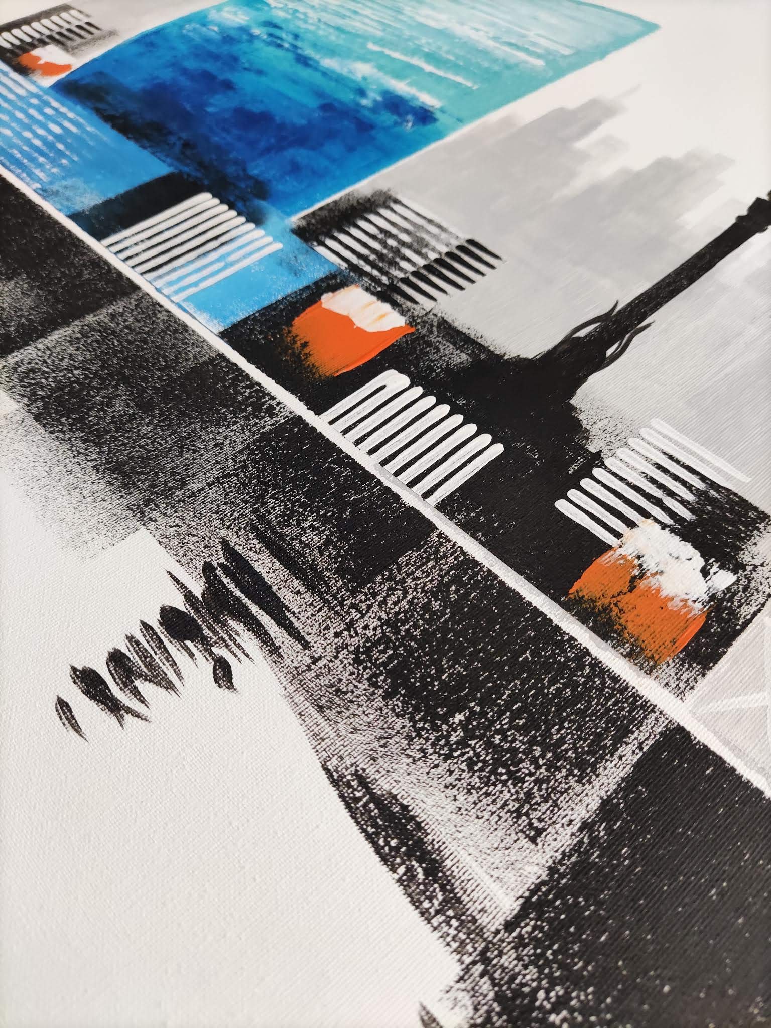 Cuadro Pintado Ciudad de Barcelona 100x50 cm, Moderno, en Blanco y Negro y Detalles en Naranja y Azul. 100% Original, sobre Lienzo. Listo para Colgar