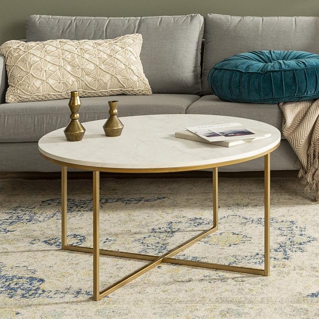 Eden Bridge Designs 91cm Round Mid Century Modern Coffee Table with X-Base for Living Room /Office decoration, Metal, Glass/Gold/Faux Marble