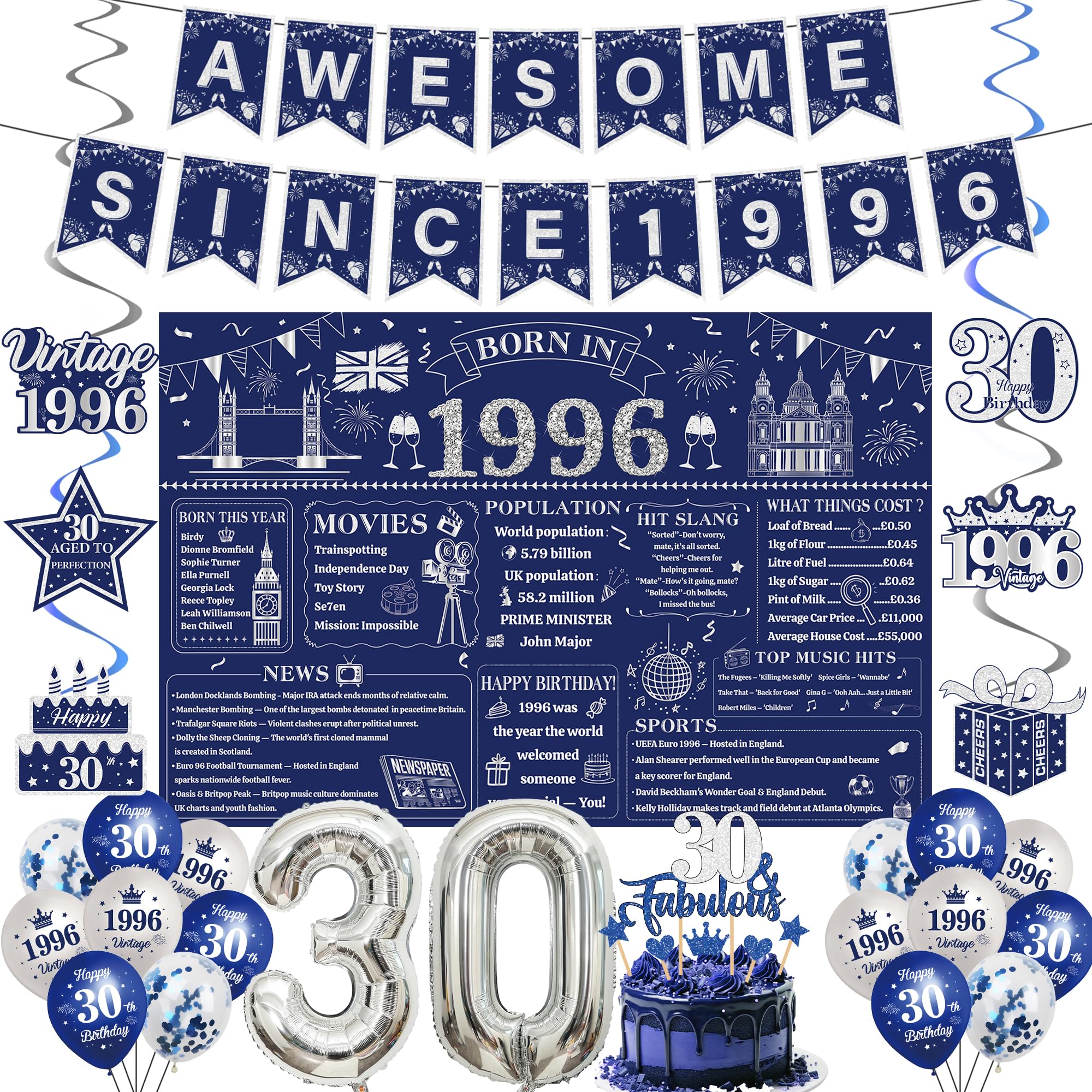 30th Birthday Decorations Men Kit - 32 Pcs Blue Sliver Awesome Since 1996 Banner Born in 1996 Backdrop Hanging Swirls Streamers Cake Topper 30 Balloon Set for 30 Year Old Party Decoration Supplies