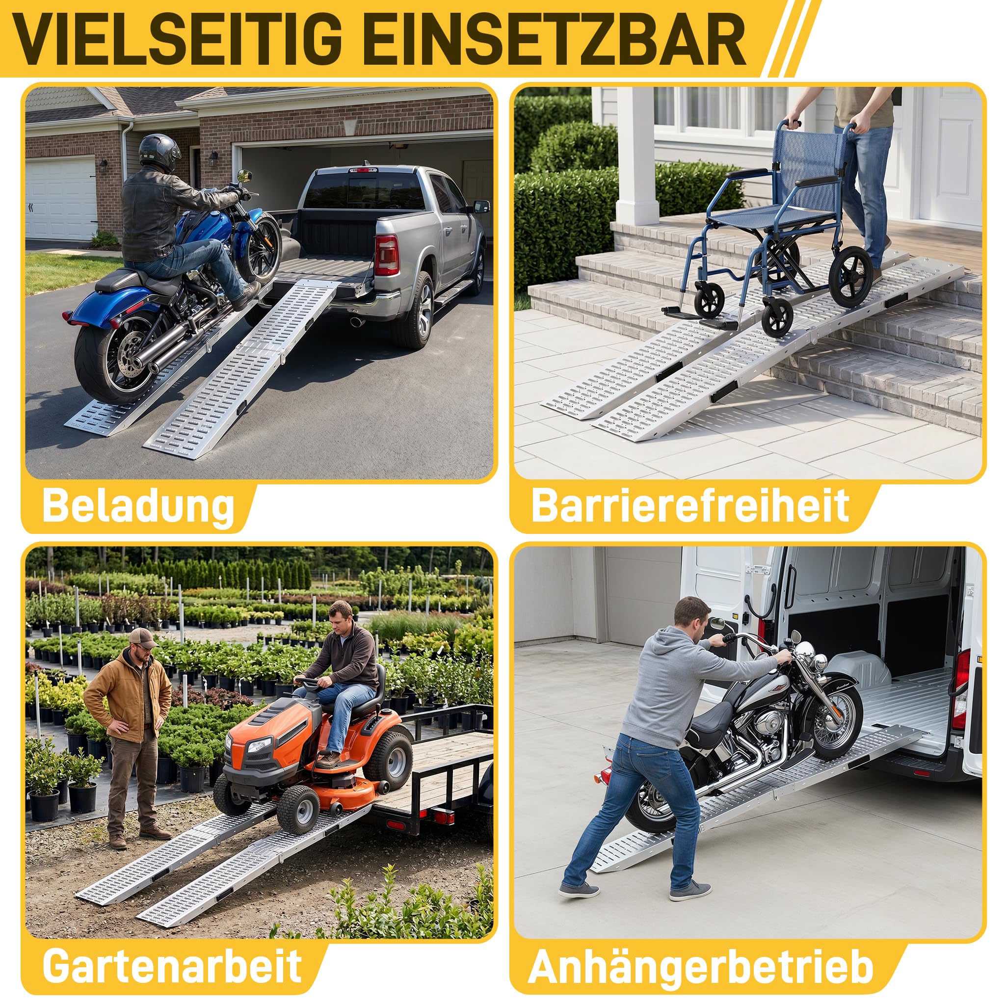 YRHome 2 Stück Faltbare Auffahrrampe Verladerampe Laderampe Laderampen verzinkter rutschfeste Auffahrschienen Rampe 180 x 22.5 cm mit Griff für Motorrad Anhänger Rasenmäher Rasentraktor max. 400 kg