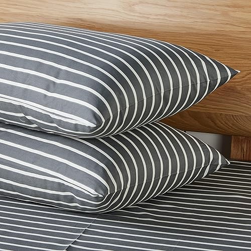 Miniatura 6 de JELLYMONI - Juego de funda de edredón a rayas, 3 piezas, 100% algodón natural, estampado de color gris oscuro con rayas blancas, cierre de