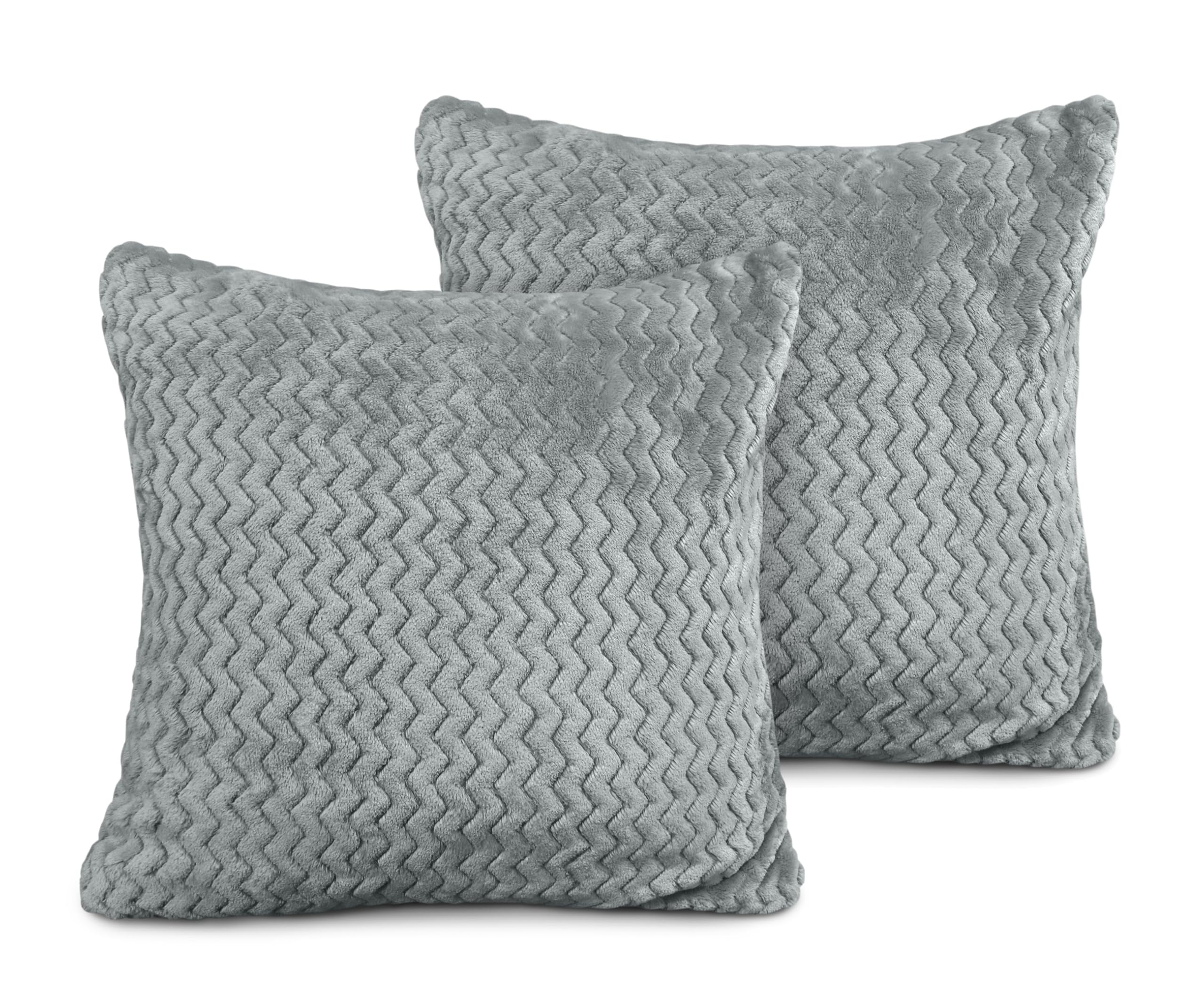 Velosso Pack of 2 Chevron Pattern Cushion Covers with Zip Closing - Soft Polyester Faux Fur Decorative Pillows for Sofa Bed 18x18 with Zip Closing (43x43cms, Silver)