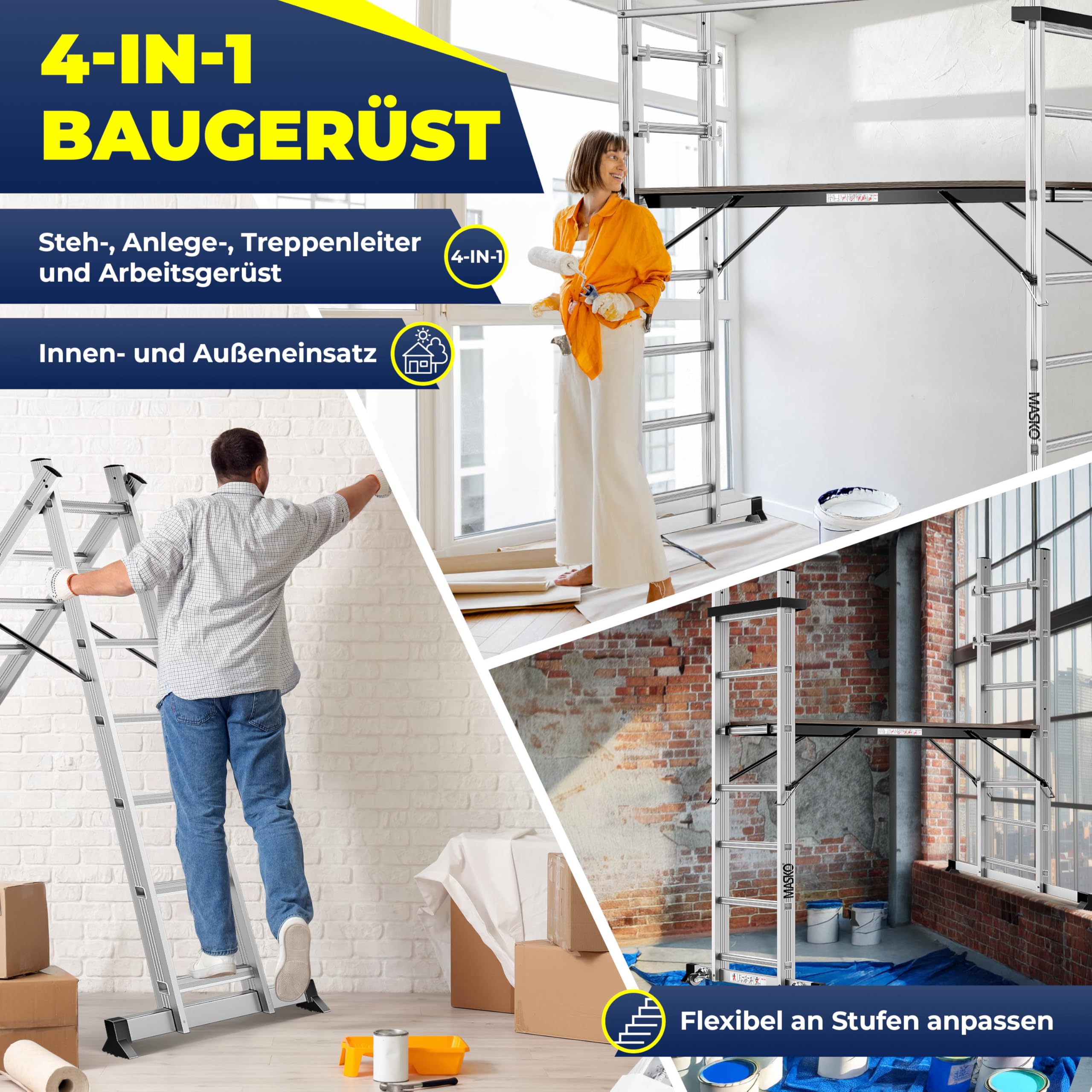Masko Échafaudage en aluminium - Échelle simple - Échelle fixe - Échafaudage - Échelle d'escalier - Plateforme de travail - Charge maximale : 150 kg - Revêtement antidérapant - Certifié GS (EN 131)