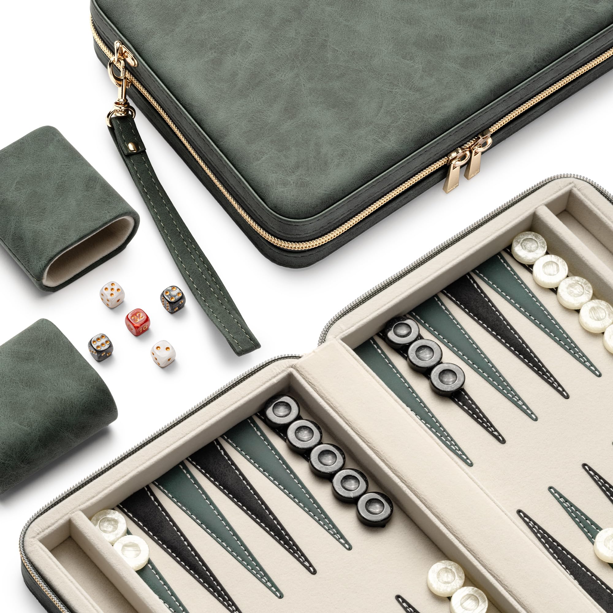 Juegos de Backgammon de 9.4 Pulgadas para Adultos, Juego de Mesa clásico con Funda Plegable de Cuero para Backgammon, Juego de Backgammon de Viaje portátil, Incluye 30 Damas de Cuerno (Green)