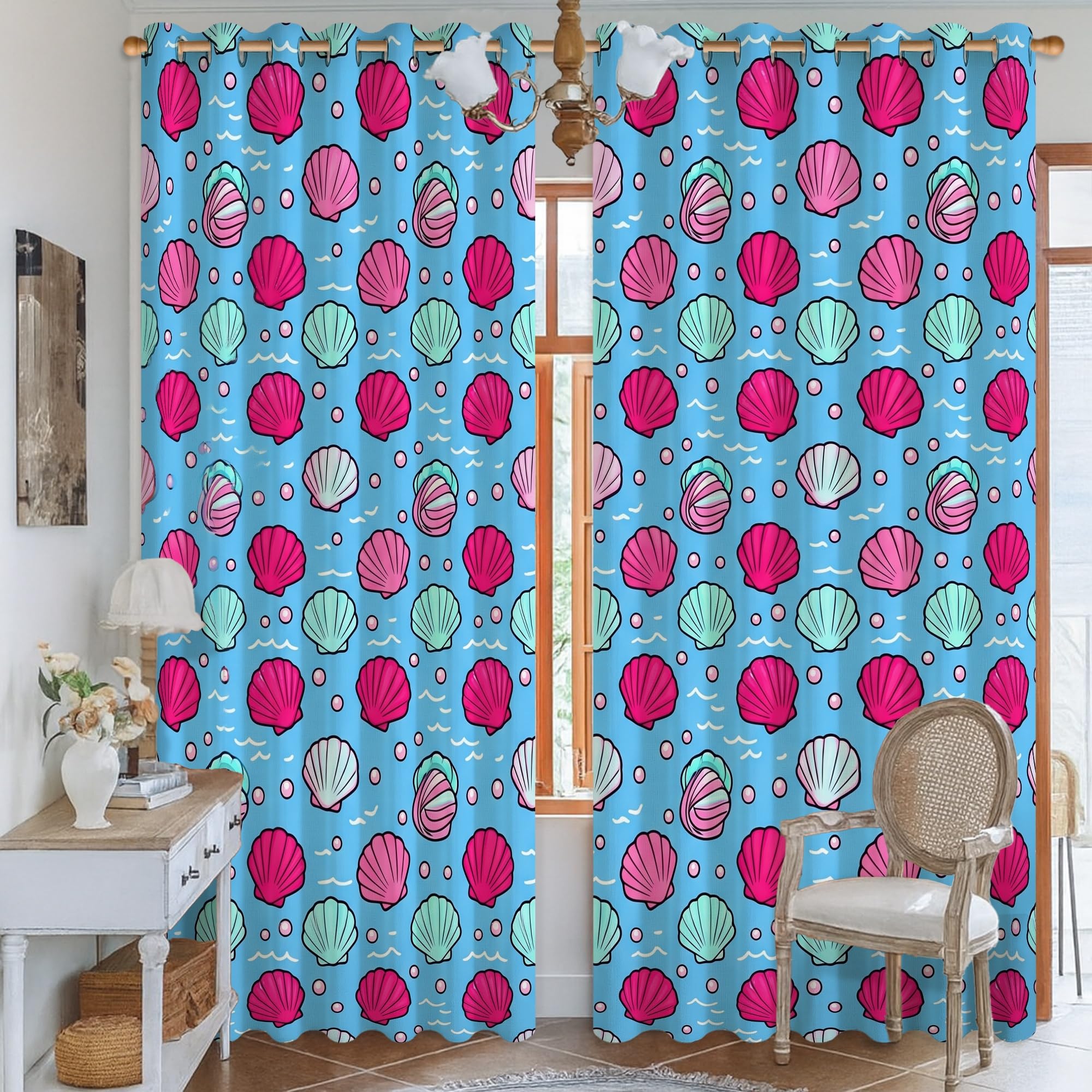 Rideaux occultants pour salon et décoration estivale bleue