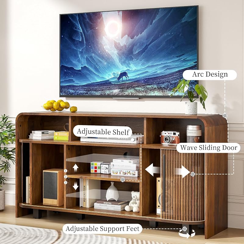 Small Fluted TV Stand for Bedroom, Mid Century Modern Media TV Console for 55 60 65 Inch TV, Walnut Entertainment Center with Sliding Doors, Short, Living Room, Apartment image 6