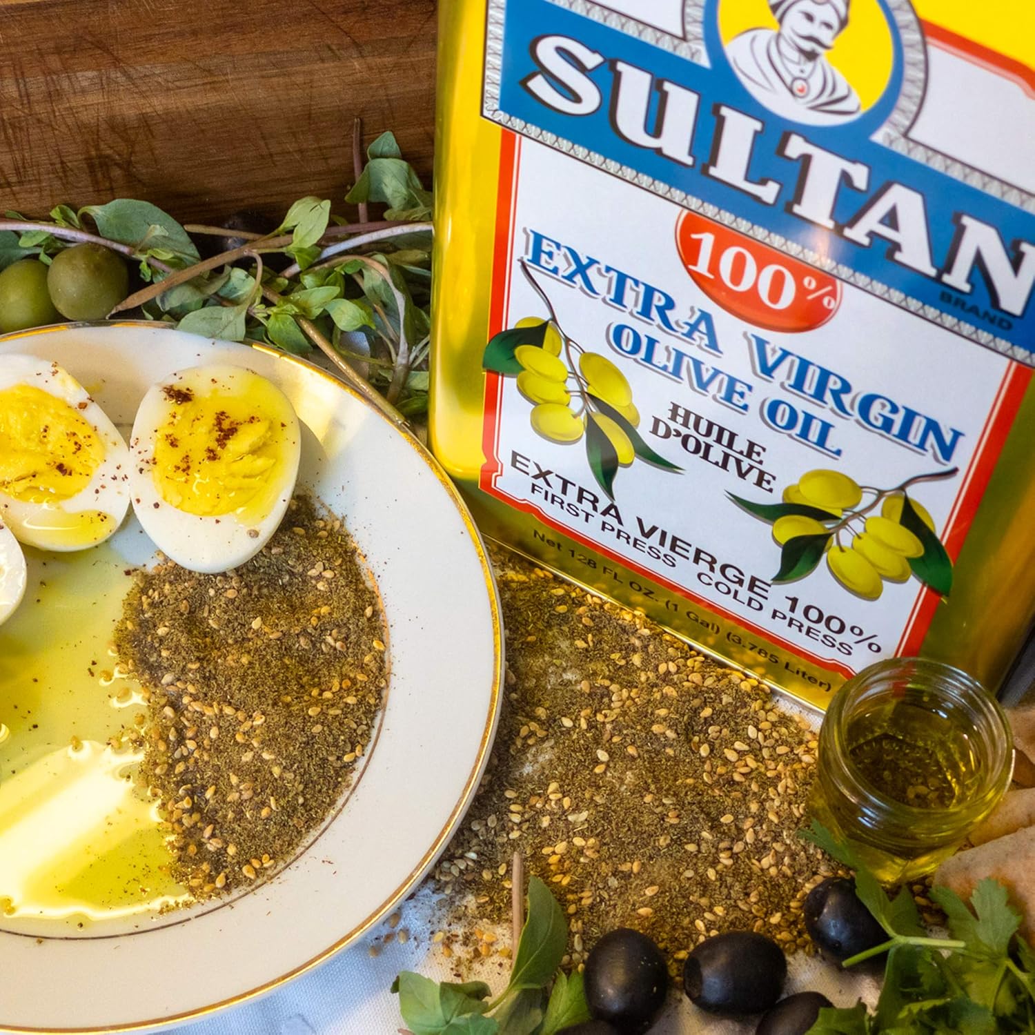 Sultan Mediterranean Extra Virgin Olive Oil (128 OZ/ 1 Gallon), First Cold Pressed, Rich Vibrant Flavor, Single Origin EVOO from Family Farms, Unfiltered, Cholesterol Free, Trusted by Chefs and Home Chefs